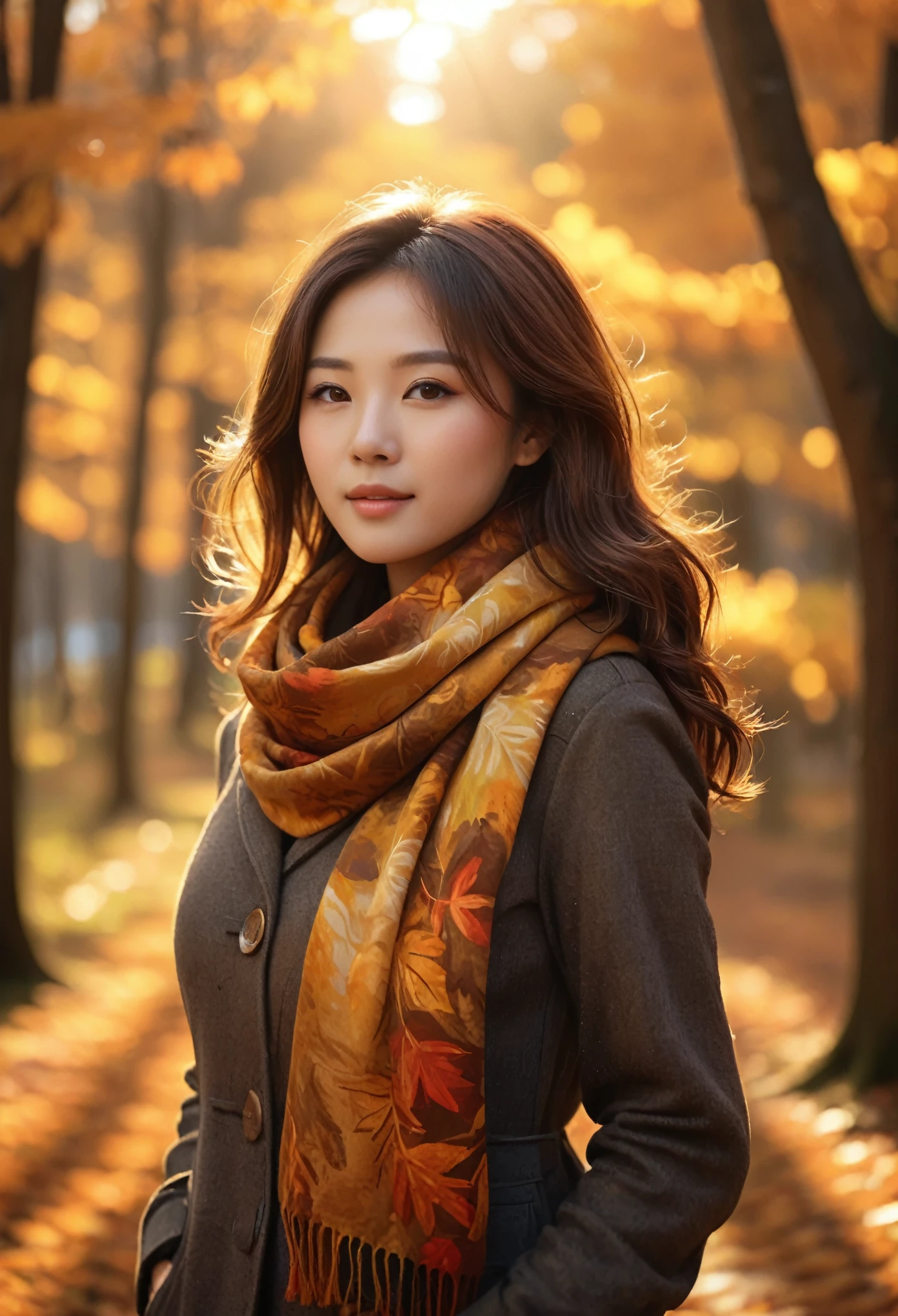 1 asian girl, vibrant autumn leaves swirling, Brown hair, golden eyes that reflect the tones of the sunset, cozy wool scarf, Warm earth tones, nestled at the edge of the forest, gentle breeze, Masterpiece, Best Quality,, Official Art, professional, unity wallpaper 8k