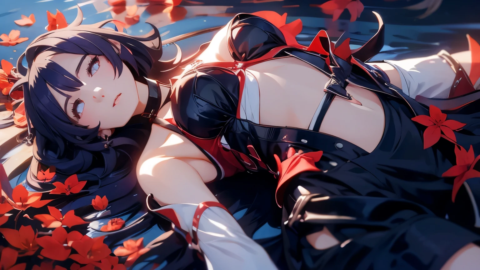 Girl lying on her back on the water at night in red flowers 