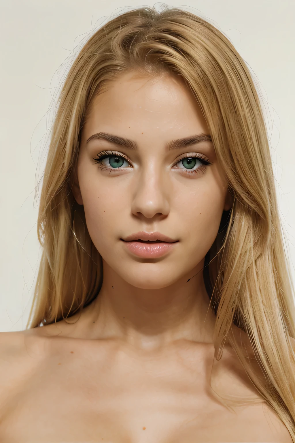 a beautiful young woman with long blonde hair , piercing blue eyes, full luscious lips, a youthful and innocent facial expression, naked, perfect tits, covered in cum