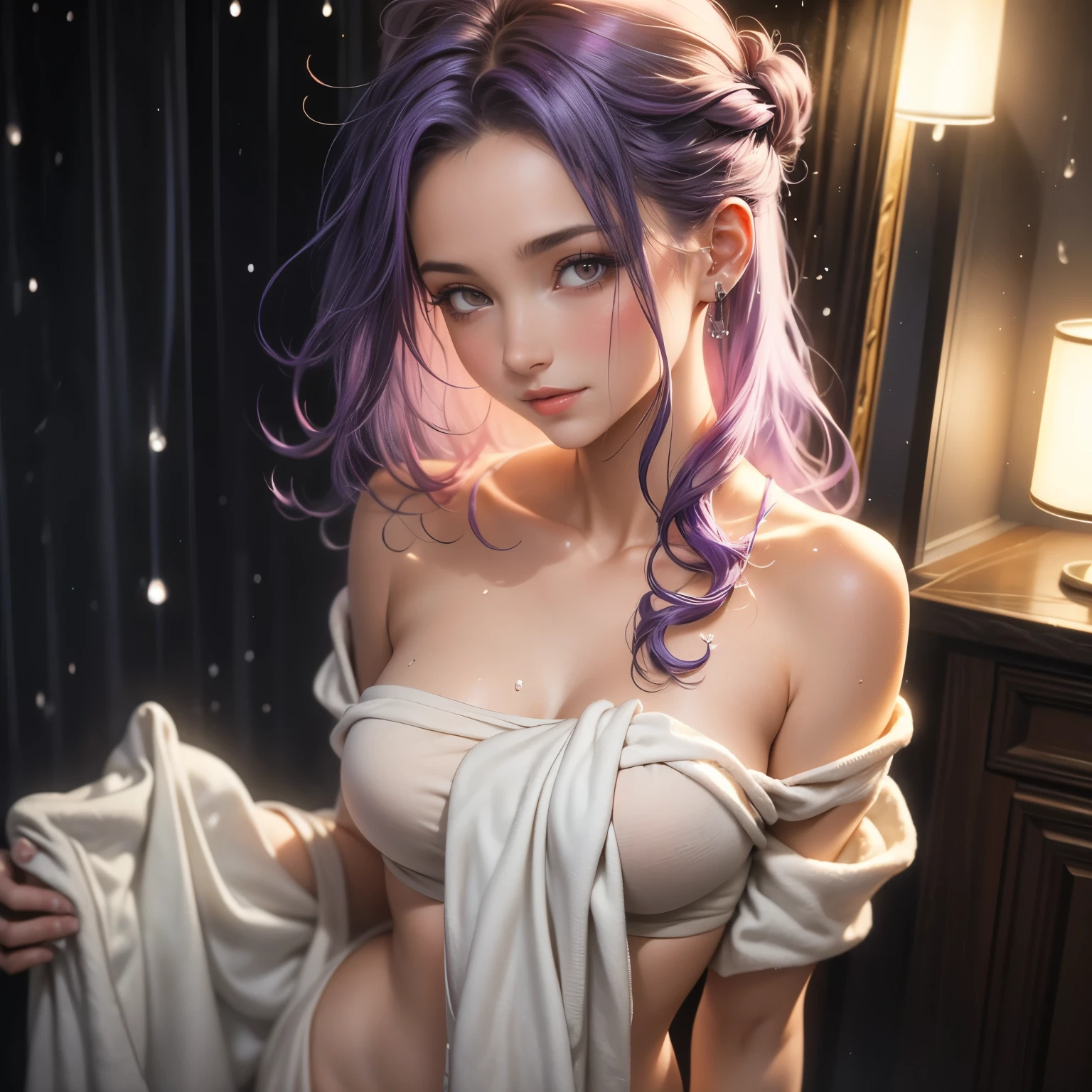 (masterpiece), best quality, 1girl, expressive eyes, perfect face, (purple hair), perfect anatomy, full body, 4k, HDR, full HD, solo, A young woman is standing just after a shower, wrapped in a fluffy white towel covering her body from her chest to the middle of her thighs. The towel fits tightly around her torso, while a smaller one is wrapped in her hair, gathering her wet strands into a high bun. Small droplets of water still slide across his skin, and his shoulders and collarbones are slightly exposed. His expression is relaxed, with a slight smile as he gently dries his face with a corner of the towel. The soft light in the room highlights the warm and comfortable atmosphere, creating a moment of post-shower peace.