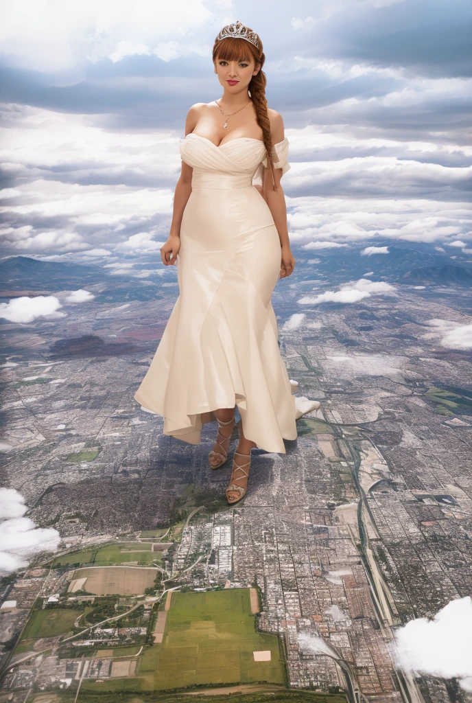 1, massive 100 miles tall giantess curvy bbw woman bigger the whole cities, beautiful curves a massive thighs, ginger hair in a long fishtail braid, lipstick,  Young adult woman beautiful curves a massive thighs lipstick wearing a perfect long flowing pure white wedding gown dress that reaches the floor covering feet with fit-to-flare silhouette, heart shape on the bodice, large necklace , sleeves, (long trailling train and tiara and long veil), a long flowing train, colossal breasts. Platform high heels , standing, giantess art, highly detailed giantess shots, giantess, most detailed, perfect face, Two legs, Five fingers, short hair, A girl who is bigger than a skyscraper, standing on very small city, skyscarpers at their feet, skyscrapers small, smile, huge breasts, major metropolis, numerous cities, , A very small big city, Miniature metropolis, Full body description, GTS, giga giantess, gigagts, stomping city, crush city, tiny city, micro city, , High resolution, highest quality, masterpiece,  tiny destroyed skyscrapers city, illustration, skyscrapers size of small toys standing behind and very far away from city, (masterpiece, best quality, best shadows, best shading, perfect hands, perfect face, cinematic lighting, colorful, ultra-detailed, beautiful photography, character focus, extremely-detailed, photorealistic, hyper photorealism, atmospheric),), (giantess, stereotypical), ((walking, mid stride:1.2, stepping down on:1.2, white platform Louboutin rounded toe pumps, high heels, platform heels), ((,)), ((long braid hair with front bangs)), (high altitude photography, satellite view), (curvy, , heaving bosom, legs), (mega city, urban sprawl, and small towns, destruction, buildings, roads), (((cloudy, overcast, clouds and atmosphere partly obscuring