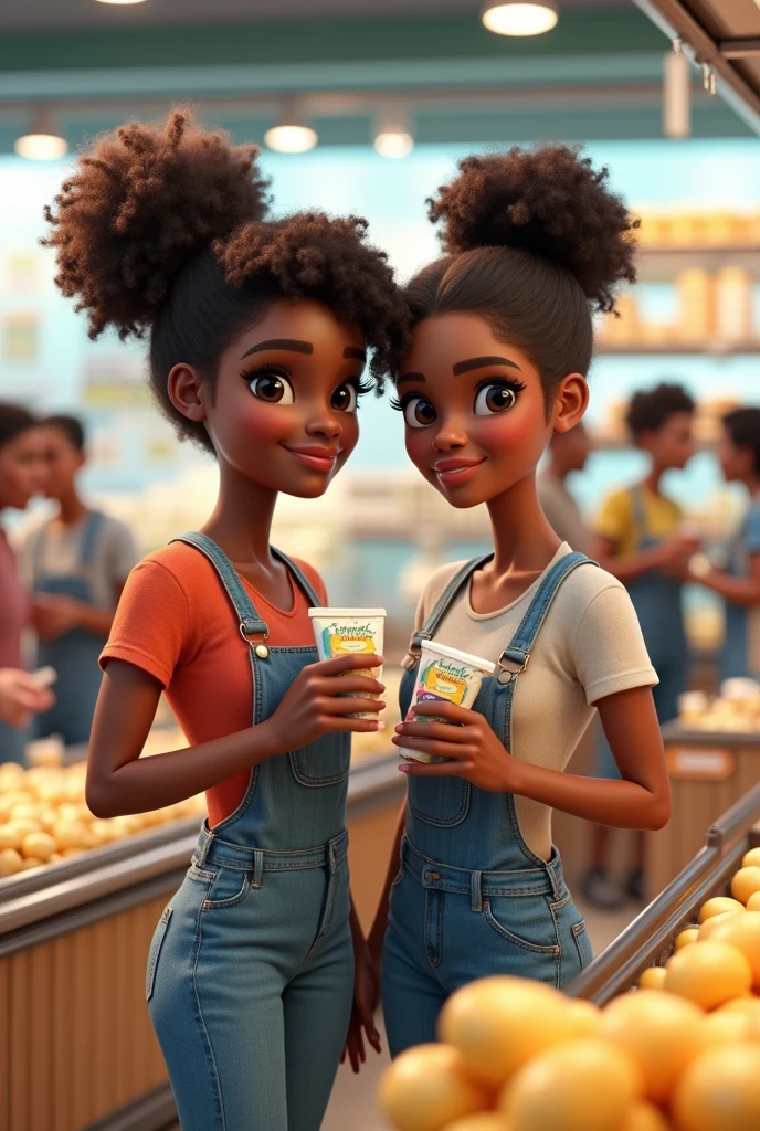 3d drawing of two brown women with curly hair tied up, in a supermarket, holding a tube of cottage cheese, in the dairy sector, with people around