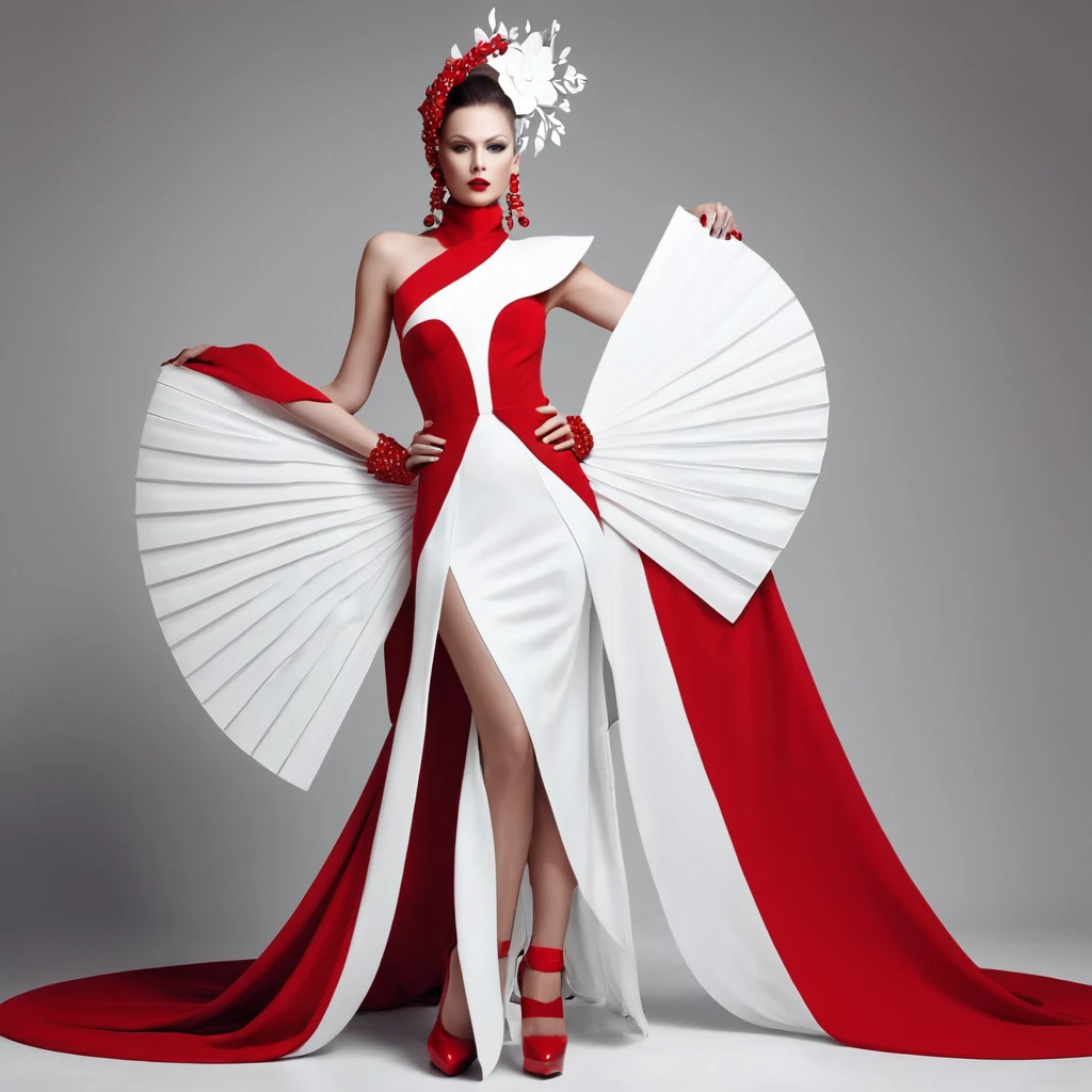 beautiful sexy woman, beautiful avant-garde style, full length , Beautiful white and red clothes , Accessories