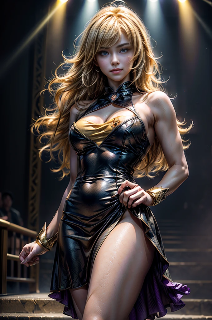 Stunning, gorgeous, cute, award winning portrait photo of an young norwegian woman, flawless skin, bokeh, backlit, (vivid color detail:1.1), elegant atmosphere, realistic, intricate details, flawless skin tone, fantastic background, (muscular arms), depth of field, full body, bicep flex pose