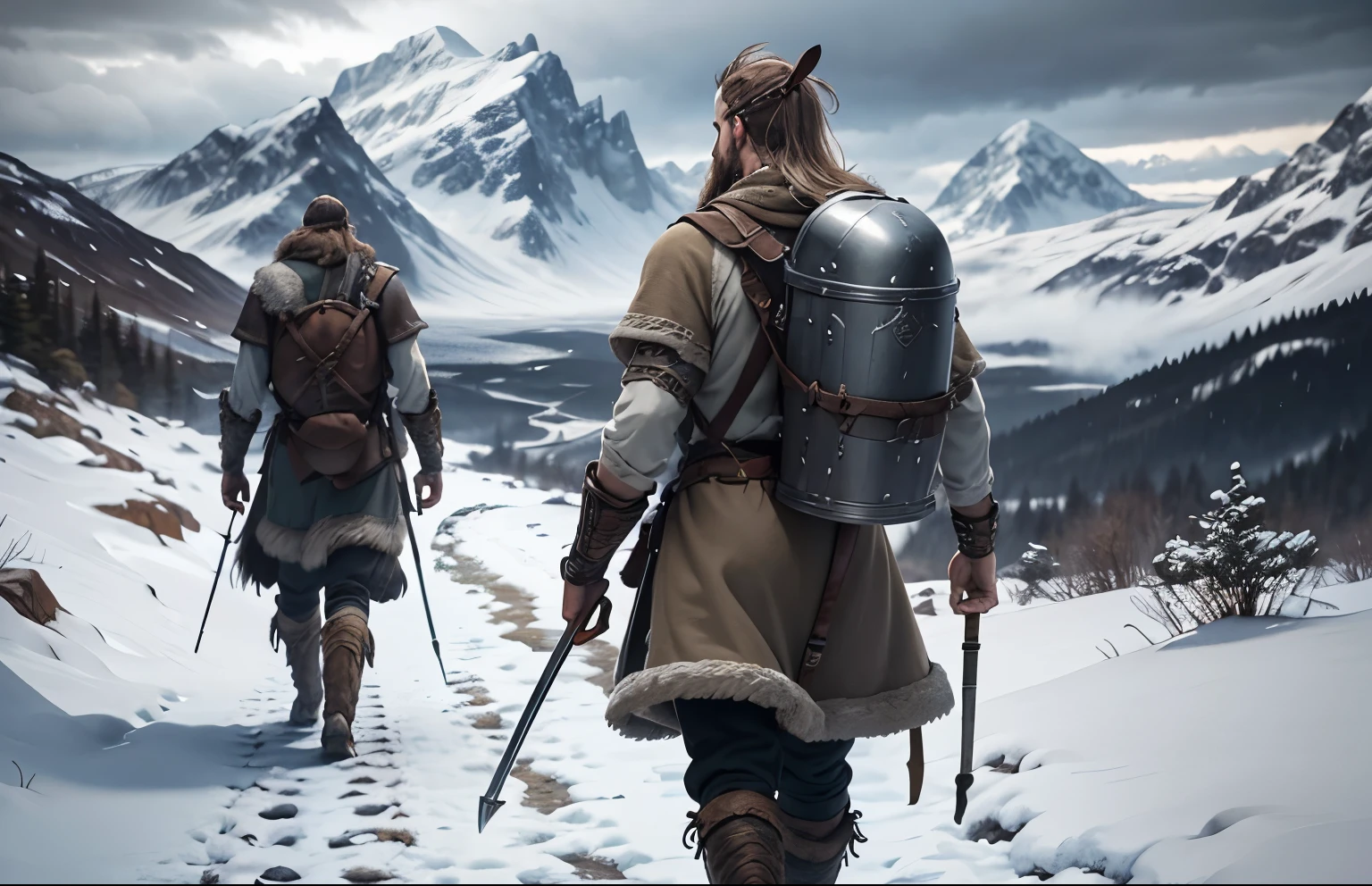 Close-up, full height. A Viking in combat attire(back to us), with a backpack and thermos, walking away along a snowy path in the mountains, cloudy day. Realism, detailing.