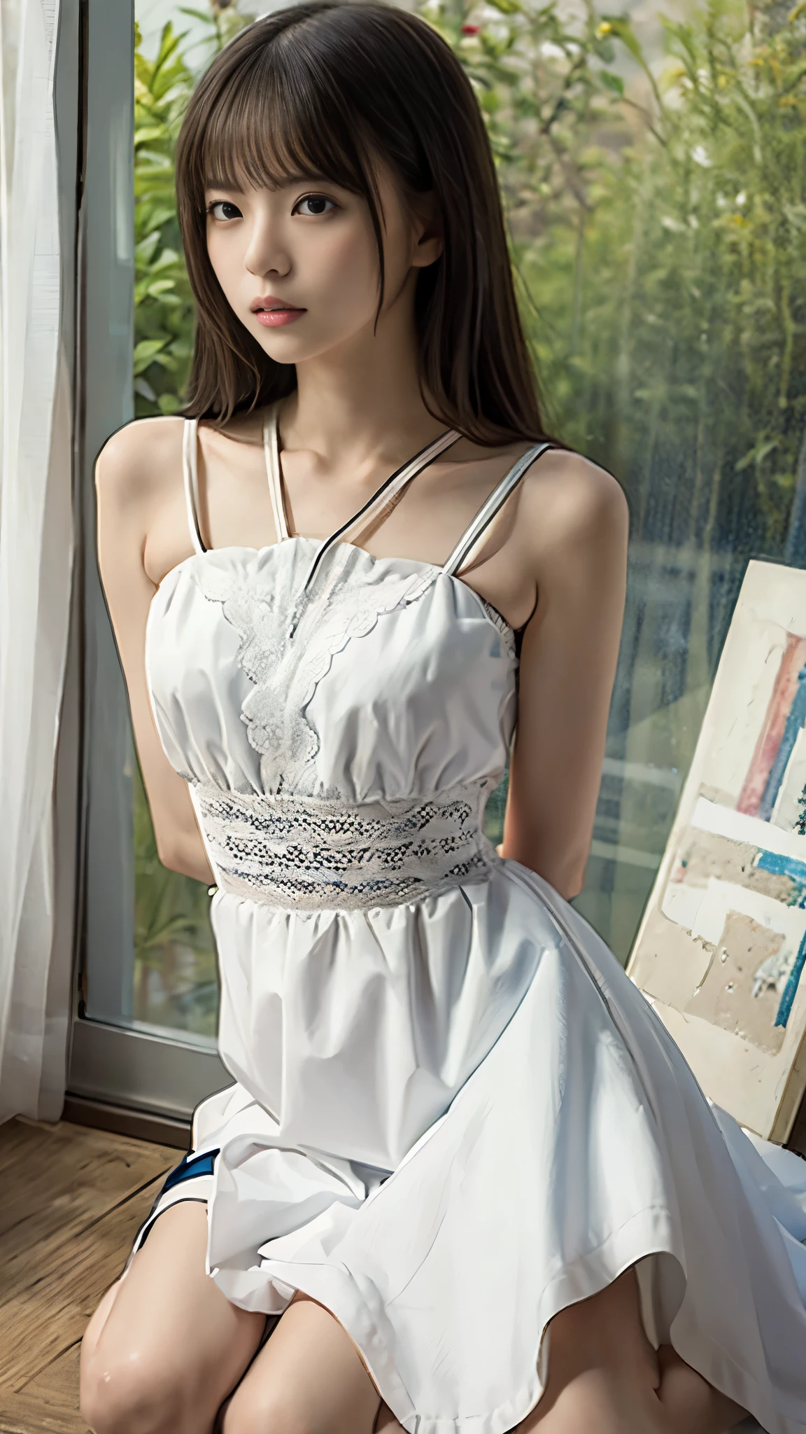 Araffe asian woman sitting on a window sill in a white dress - SeaArt AI