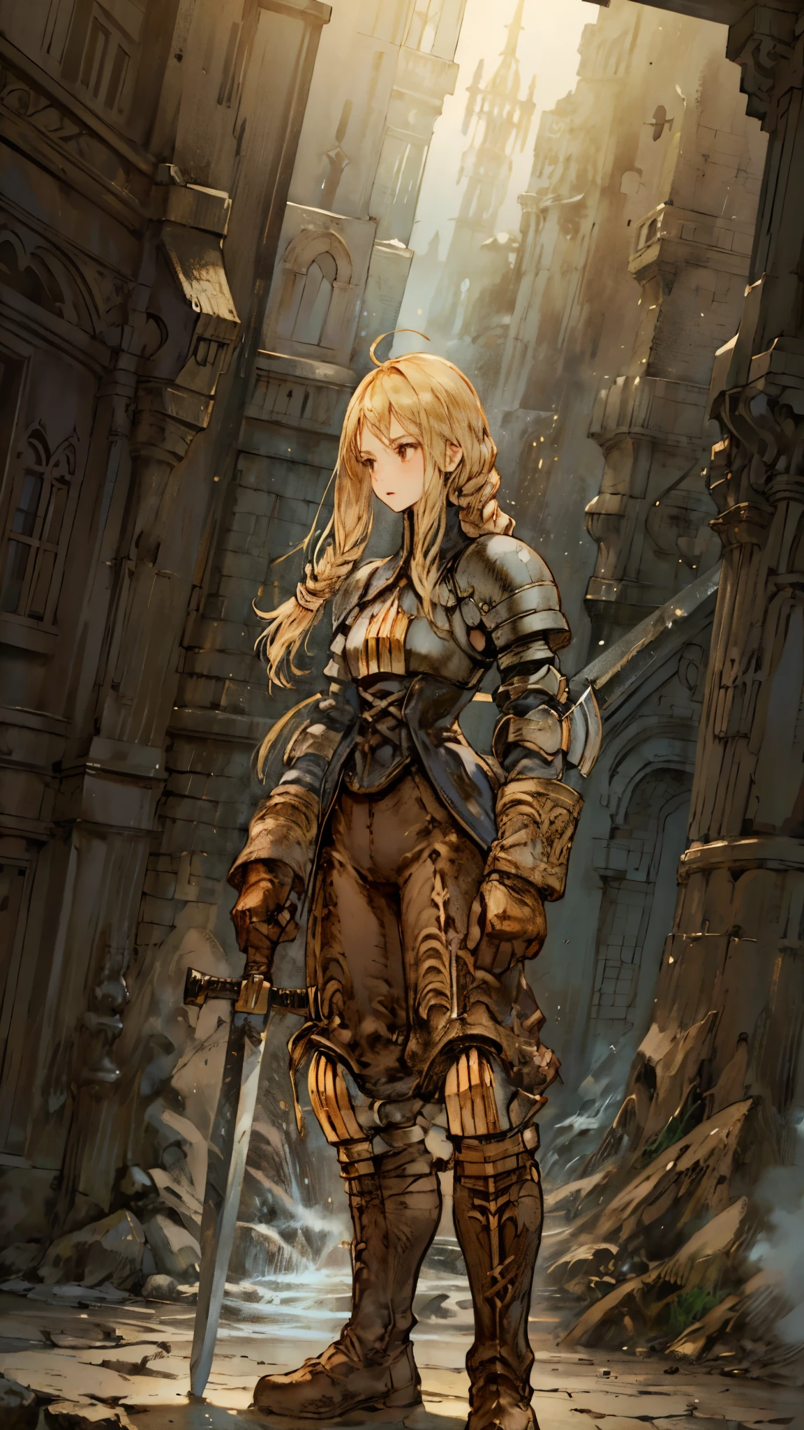 Art by Akihiko Yoshida,, BREAK ,solo,1girl\(Agrias Oaks\(Final Fantasy Tactics\), blonde hair, braided ponytail,brown eyes,shoulder armor, armor, corset,(brown pants:1.3), knee pads, blue dress, brown gloves, pants, cross-laced boots,big breast,dynamic pose,fighting stance,dynamic angle,(holding 1long sword\(devine,european style sword\):1.4)\), BREAK ,background\(battlefield of europe,soldiers in war\), BREAK , quality\(8k,wallpaper of extremely detailed CG unit, ​masterpiece,hight resolution,top-quality,top-quality real texture skin,hyper realisitic,increase the resolution,RAW photos,best qualtiy,highly detailed,the wallpaper,cinematic lighting,ray trace,golden ratio,\),long shot,dynamic angle