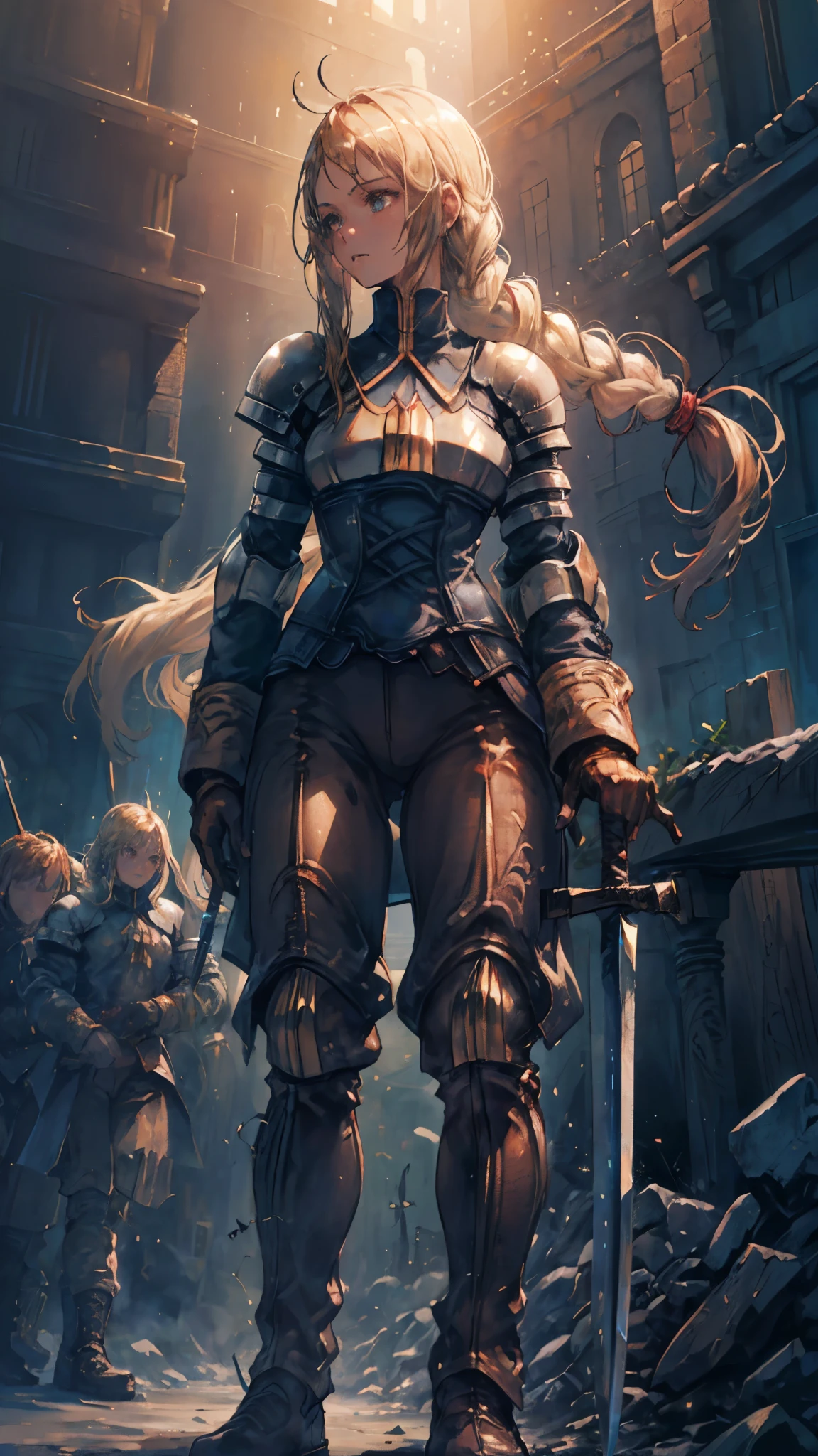 Art by Akihiko Yoshida,, BREAK ,solo,1girl\(Agrias Oaks\(Final Fantasy Tactics\), blonde hair, braided ponytail,brown eyes,shoulder armor, armor, corset,(brown pants:1.3), knee pads, blue dress, brown gloves, pants, cross-laced boots,big breast,dynamic pose,fighting stance,dynamic angle,(holding 1long sword\(devine,european style sword\):1.4)\), BREAK ,background\(battlefield of europe,soldiers in war\), BREAK , quality\(8k,wallpaper of extremely detailed CG unit, ​masterpiece,hight resolution,top-quality,top-quality real texture skin,hyper realisitic,increase the resolution,RAW photos,best qualtiy,highly detailed,the wallpaper,cinematic lighting,ray trace,golden ratio,\),long shot,dynamic angle