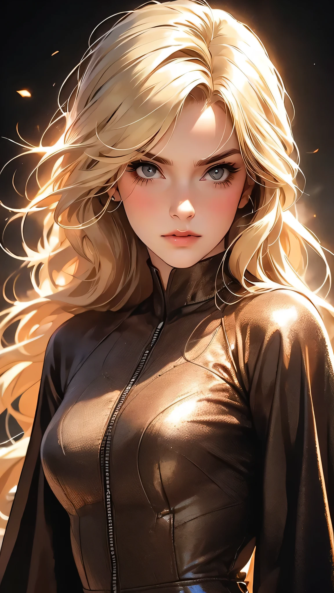 ((Masterpiece)), envision a 8k, highres, cinematic, extremely beautiful semi realistic close up portrait of a beautiful mature lady with a strong face, frown, mean face, slender body, ((long blonde hair)), full body suit, blush, angry, side locks,  round face, long sweeping bangs, brown eyes, soft lips, lip gloss, thick eyebrows, round face, ((((1girl)))), in dark lighting, against a dark gray background,