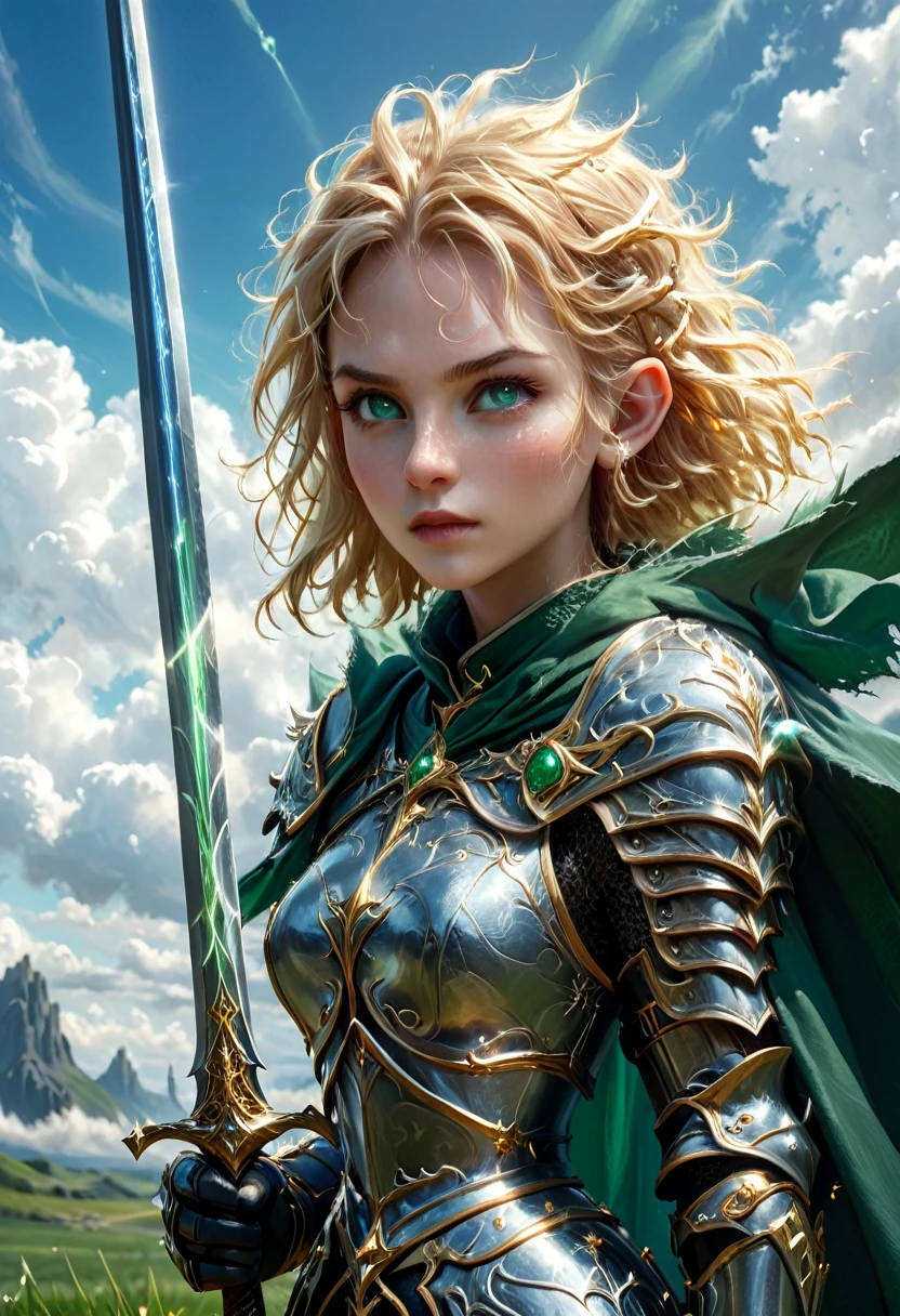 Elven Knight, Tiara, Female Elf,Female, White skin, Exquisite beauty, Golden Hair,Short Bob, Wavy Hair, Small pointy ears, Green Eyes, Wearing heavy armor, Rapier, Green pastures, Blue sky background and cloud background、Shallow depth of field, whole body, Wide angle,Ready your sword,A cloak blowing in the wind