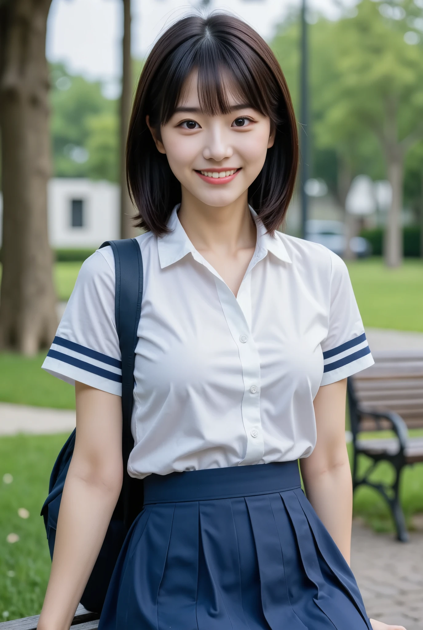 (masterpiece, best quality), 1girl, Alone, ,View your viewers, Young Japanese Woman, High school girl, Beauty, Shiny black hair、With bangs、Slightly longer bob hair, (White shirt, Sailor school uniform, Navy blue pleated skirt), smile, Sitting on a beautiful park bench, Carry a school backpack, Real Photo