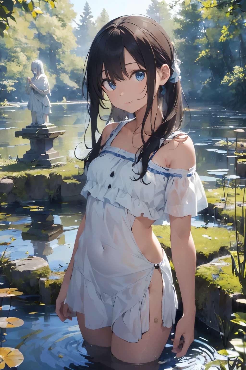 Anime girl in a white dress standing in a pond - SeaArt AI