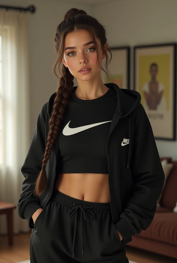 (masterpiece, best quality, highres, high resolution:1.2), extremely detailed, realistic, intricate details, Addison Rae, solo, shy, blush, freckles, wearing sweatshirt, sweatshirt, panties, highleg panties, (small breasts, thick thighs, wide hips), standing, (cinematic lighting, sunlight, volumetric), indoors, window, looking at viewer, from behind.