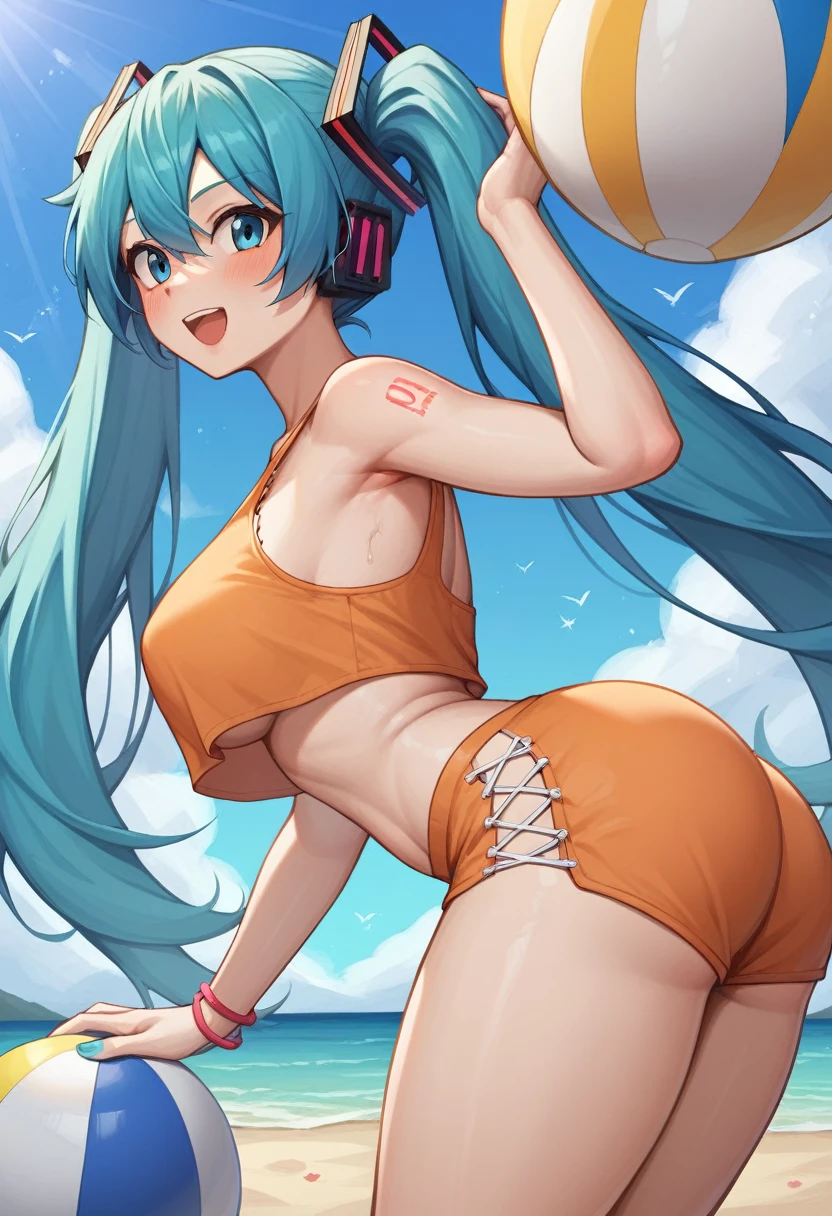 ((obramaestra)), (porn), orange clothes, Blue hair, collections, Create image r34 where Brazilian Hatsune Miku stars in the scene from the 2011 Rio movie by Blue Sky Pictures of her thick butt bouncing on the beach ball Blu and Pearl were on during Blu&#39;s attempt to fly. Use: you can see Miku&#39;s face and Pachos from behind her and how her big butt bounces on impact  