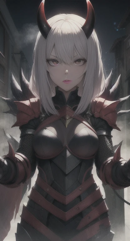 a masterpiece of a beautiful girl with silver hair, red eyes, and a cute smile, oni horns, wearing odogaron armor and looking at the viewer, highly detailed, hyper realistic, cinematic lighting, 8k, award winning, intricate details, photorealistic, sharp focus, vibrant colors, studio lighting