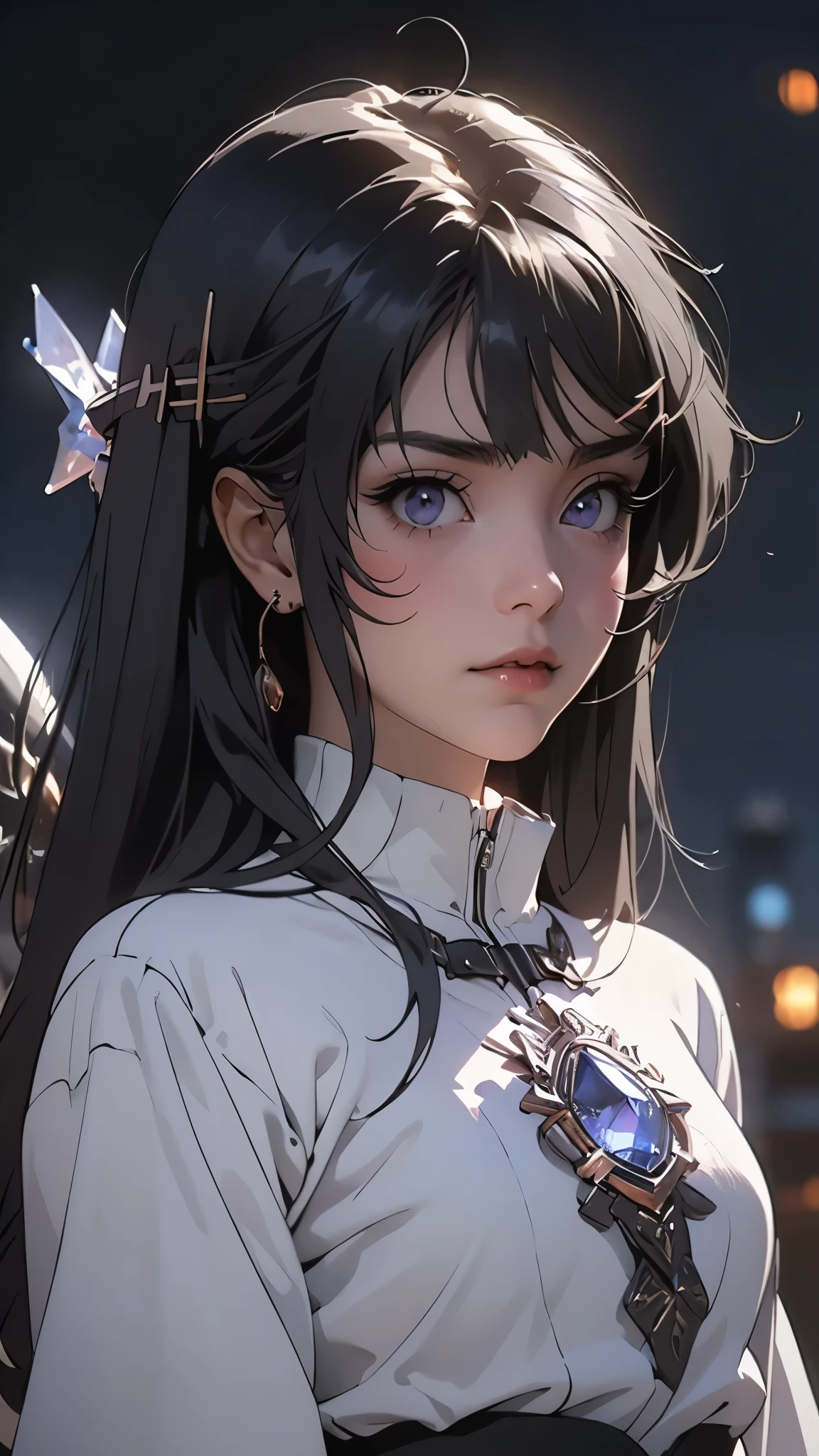 ((Masterpiece)), envision a 8k, highres, cinematic, extremely beautiful semi realistic portrait of a beautiful Asian Girl with a cute face, slender , soft face, straight black hair, side locks, long sweeping bangs, ((deep blue eyes)), soft lips, lip gloss, thick eyebrows, (((ahoge))), crystal armor, ((Naruto Whiskers)), long sleeves, dress armor, Sapphire Jewels, ((((1girl)))), in dark lighting, against a dark gray background
