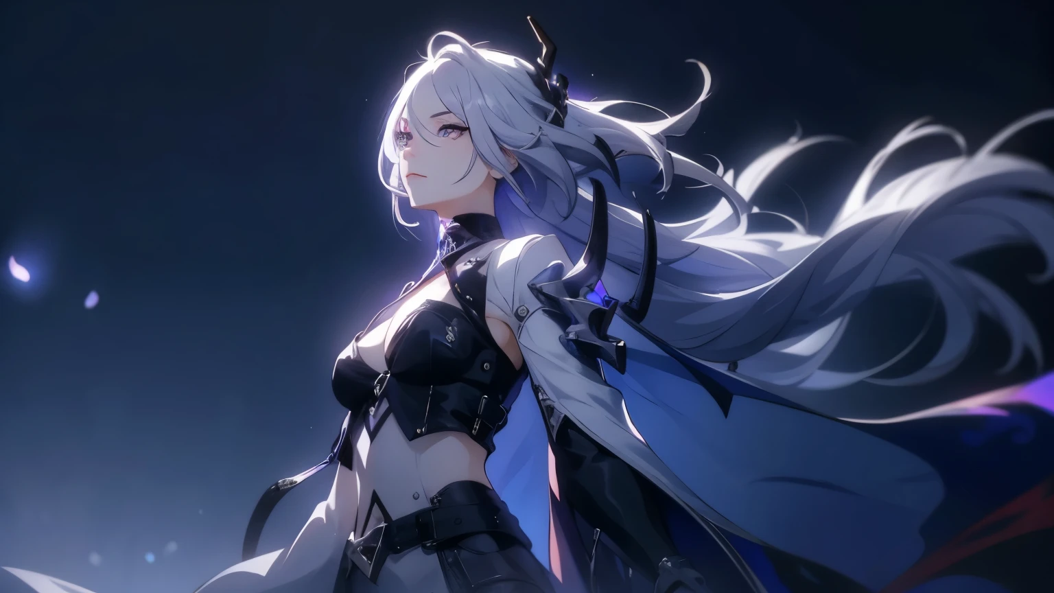 Girl with white hair to the waist stands side view, very dynamic angle from below, very dark space background and black moon behind
