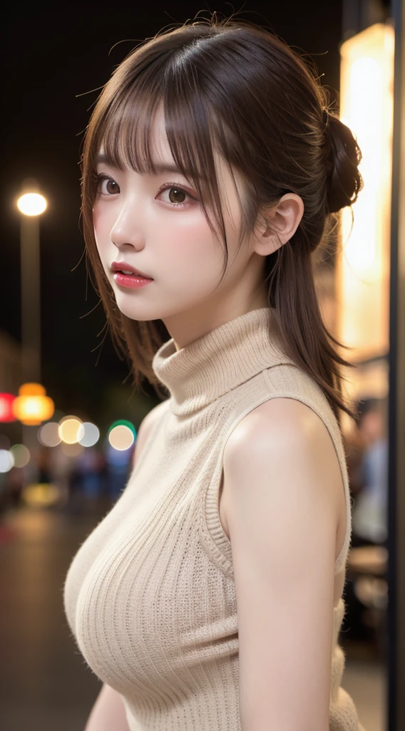 1 Girl, Tokyo Street,night, city View,City Lights, Upper Body,close-fitting sweater,close up, 8K, original photo, best quality, masterpiece,Practical, photo-Practical,Red rose headdress, Parted bangs, long hair,蓬勃後long hair,(braid,細braid,braid在臉二側),Headbands, Large Breasts,Show your shoulders