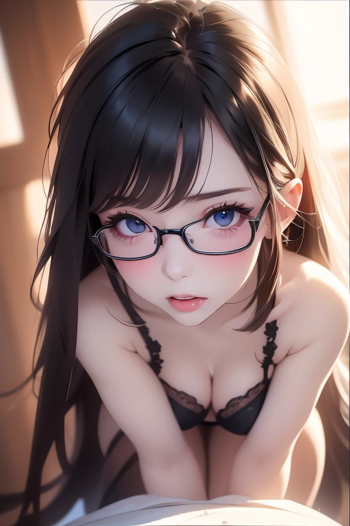  (highest quality:1.4), (High resolution:1.2), Sharp contours, Long Hair, highest quality, masterpiece,Glasses,Voice of the Heart,yandere,,20-year-old woman,yandere,Big Breasts,Chest to chest,Lying face down,Upper Body,Ecstasy,saliva,blush,Squint your eyes,Heterochromia iridis,Tuck up your clothes,nude