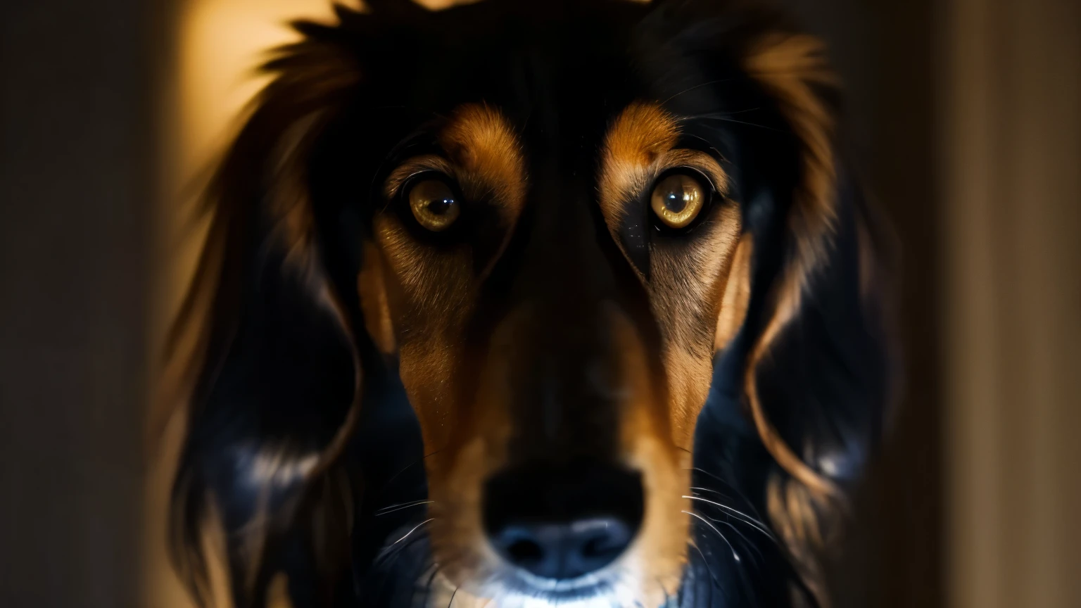 shy black and tan saluki, (epic, fantastic, dramatic lighting), (dramatic angle), perfect eyes, gold eyes, solo, dark background, blurred background, (masterpiece, best quality:1.2)