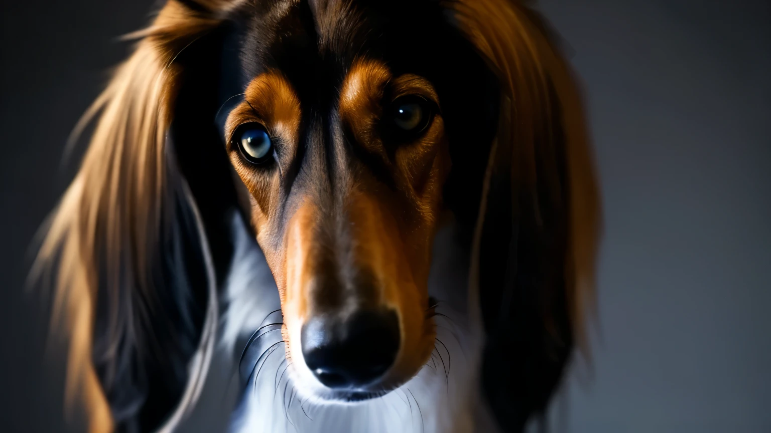 shy black and tan saluki, (epic, fantastic, dramatic lighting), (dramatic angle), perfect eyes, gold eyes, solo, dark background, blurred background, (masterpiece, best quality:1.2)