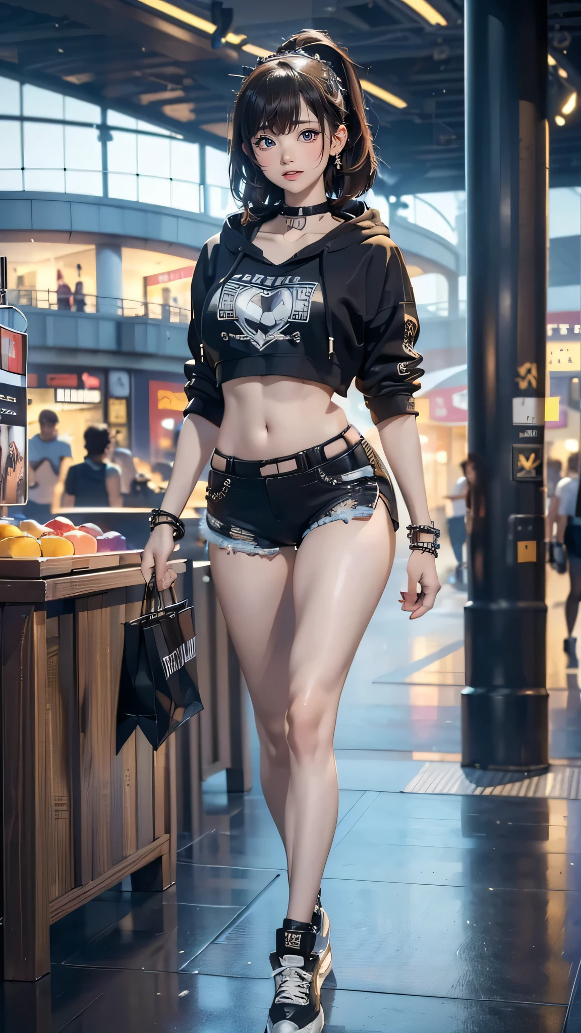 (best quality,4k,8k,highres,masterpiece:1.2),ultra-detailed,(realistic,photorealistic,photo-realistic:1.37),perfect slim fit body, slim waist, wide hips, (big breasts, vibrant cropped hoodie, shorts, choker, bracelets), walking pose, (shopping mall interior with elaborate details)