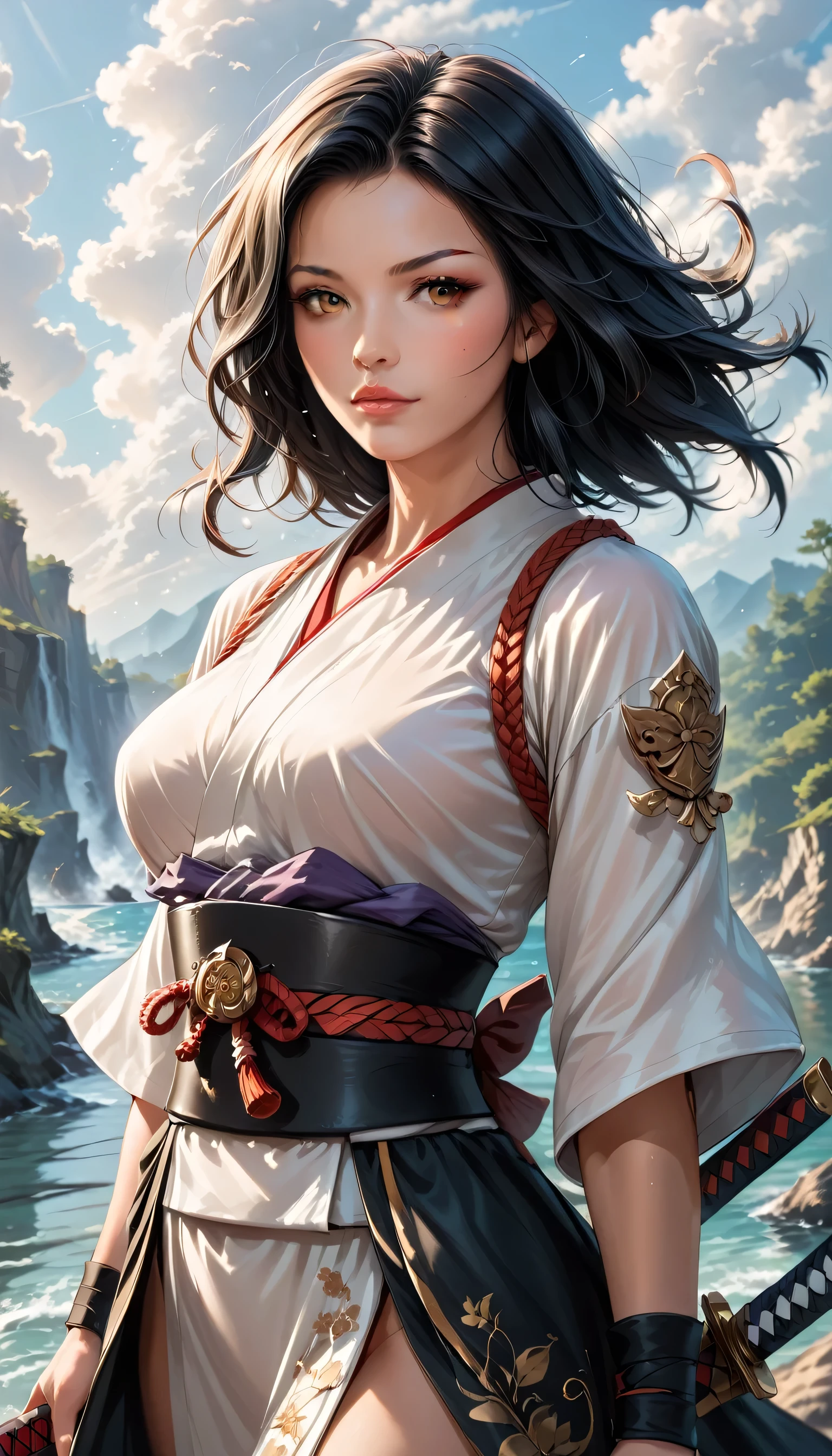 a picture of Japanese female samurai, she has long black hair, wearing samurai armor, armed with a katana, ready for battle, dynamic angle,, Japanese fantasy art, (Masterpiece: 1.5), best quality, 16k, ultra detailed, masterpiece, best quality, (extremely detailed), dynamic angle, ultra wide shot, photorealistic, RAW, fantasy art, dnd art, fantasy art