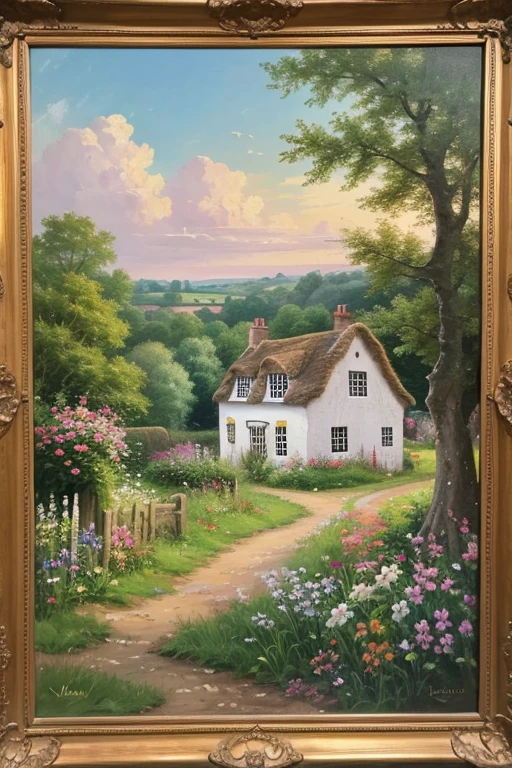 English cottage painting　19th century English countryside painting　Yellow, pink, purple and white flowers bloom　A painting like that of Constable