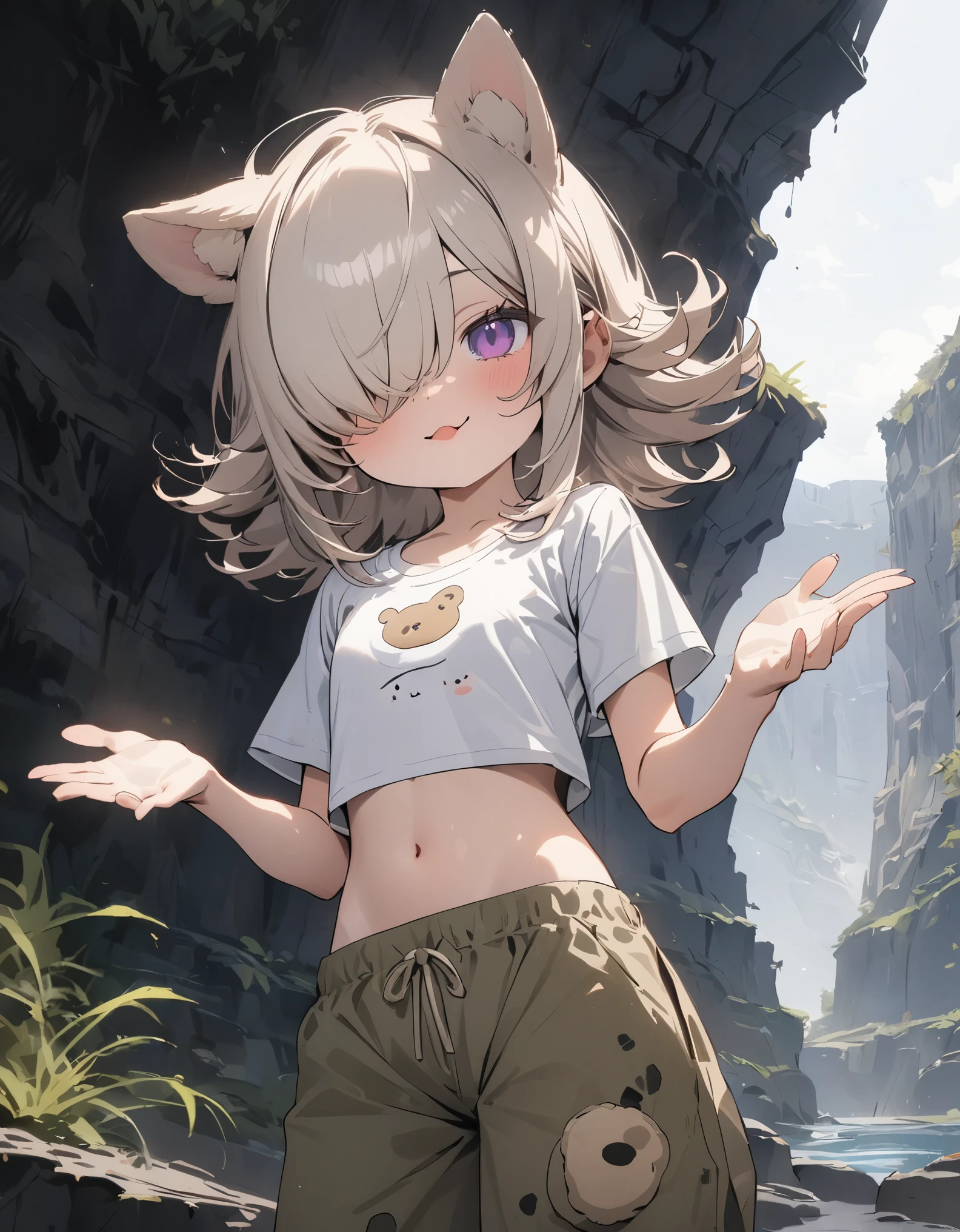 nude, catgirl, flat chest, sunbathing, , loli, outsidail, stretching, detached sleeves, hat