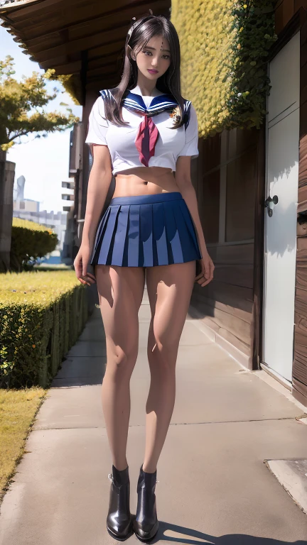 超Huge breasts, Cute Japanese Girl, (Huge breasts:1.8), Long black hair,ponytail, bangs, (School uniform), Narrow waist, (Outdoor, garden, blue sky),(High school girl), (Oily skin:1.6), Heavy makeup, masterpiece,Best Quality,High resolution, One girl, From below, (are very thin and straight legs), (Very Long Legs, Straight legs),High heels,Long legs,Stand on your feet, When viewed from the front, Long legs, Perfect body, Perfect Legs, (Abdominal muscles:1.8), (sailor uniform:1.5)