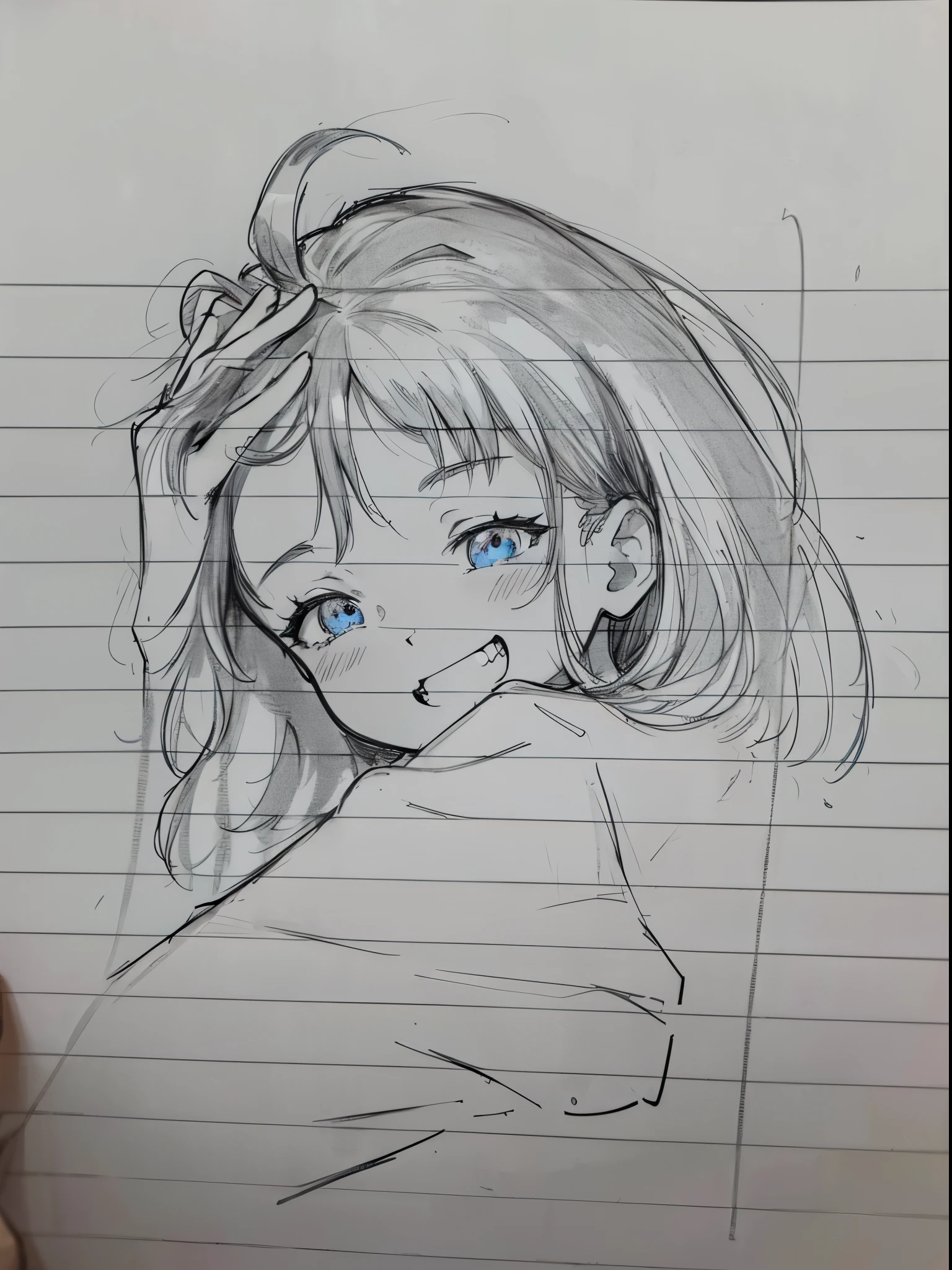 Manga girl, smile, gorgeous eyes, hand through hair, sketch, clean lineart and sketch, on a notebiok