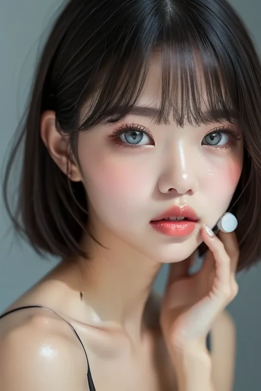 In a dimly lit room、Realistic upper body portrait photo of a woman with short bob hair and perfect face,Accurately depict the top of the head、Big Mouth,Moisturized lips、Thick, plump and shiny lips with a clear lip balm、Fingertips touching lips