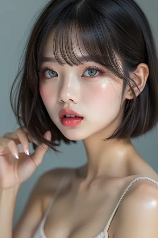 In a dimly lit room、Realistic upper body portrait photo of a woman with short bob hair and perfect face,Accurately depict the top of the head、Big Mouth,Moisturized lips、Thick, plump and shiny lips with a clear lip balm、Fingertips touching lips