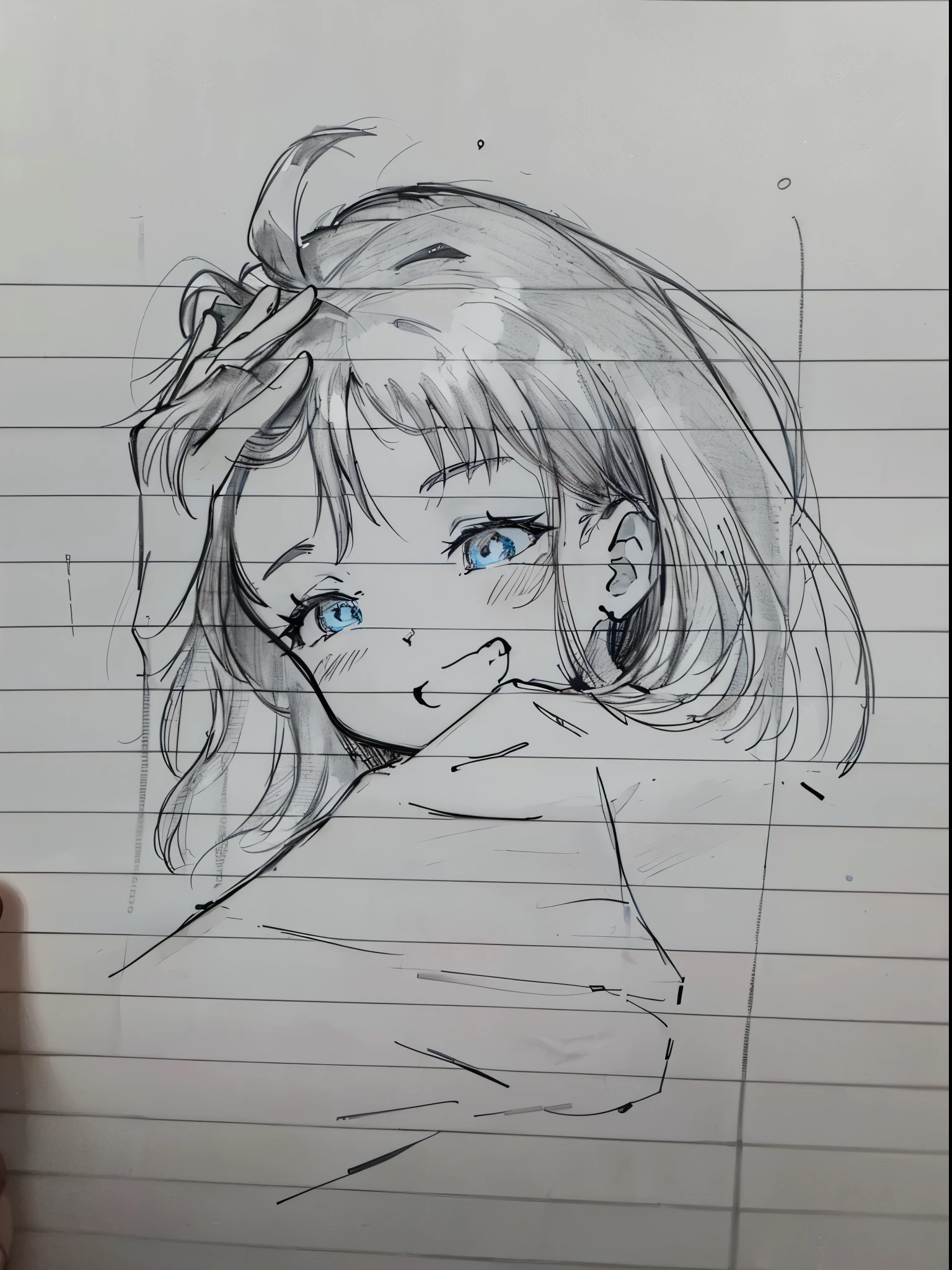 Manga girl, smile, gorgeous eyes, hand through hair, sketch, clean lineart and sketch, on a notebiok