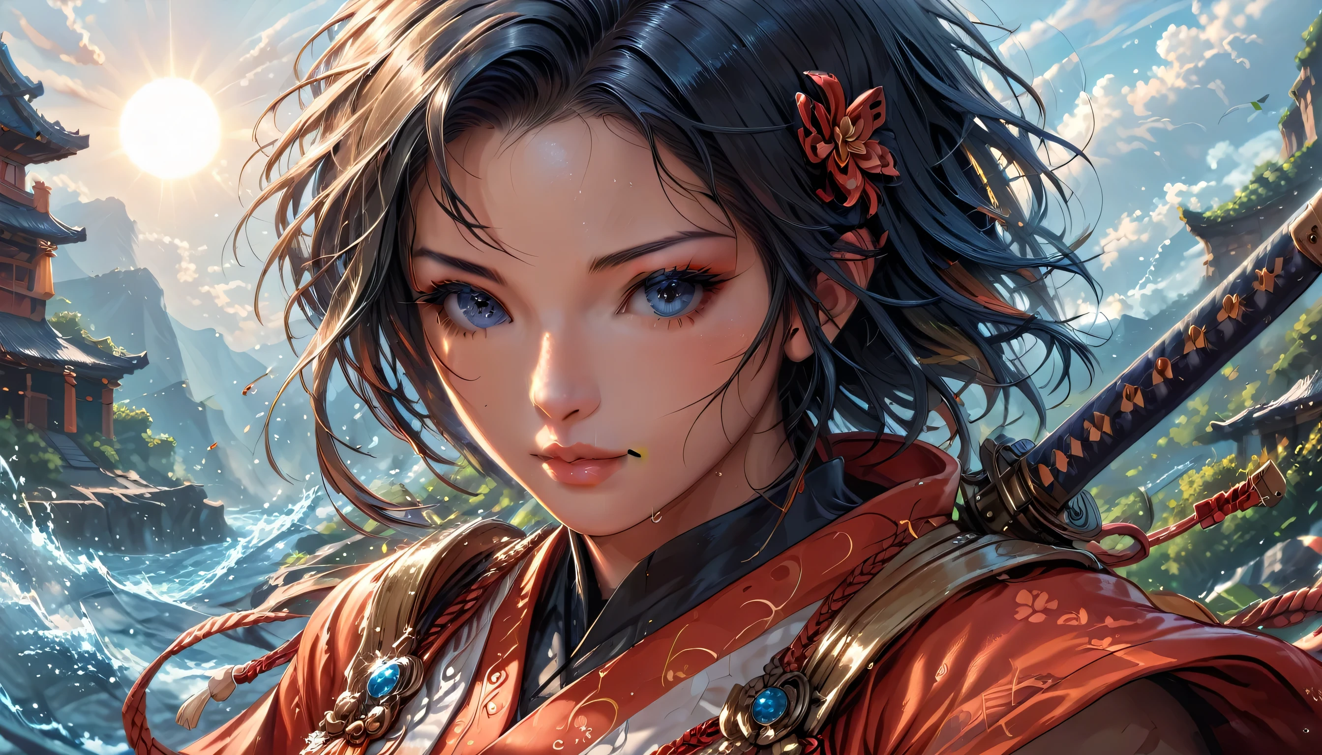 a picture of Japanese female samurai, she has long black hair, wearing samurai armor, armed with a katana, ready for battle, dynamic angle, the sun is setting down in the background, there is a Japanese fortress, Japanese fantasy art, (Masterpiece: 1.5), best quality, 16k, ultra detailed, masterpiece, best quality, (extremely detailed), dynamic angle, ultra wide shot, photorealistic, RAW, fantasy art, dnd art, fantasy art, katana