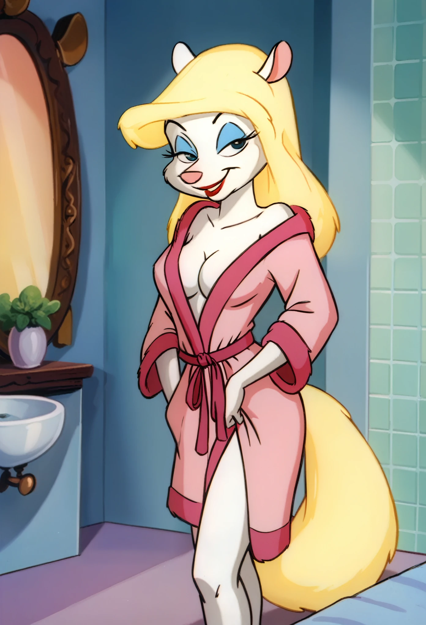 masterpiece,best quality, highly detailed, score_9, score_8_up, score_7_up, score_6_up,BREAK minerva mink, 1girl, white fur blonde hair, fluffy blonde tail, solo, blue eyes, long hair, bathrobe, standing, makeup, smile, lipstick, medium breasts, cleavage, seductive pose, bathroom background