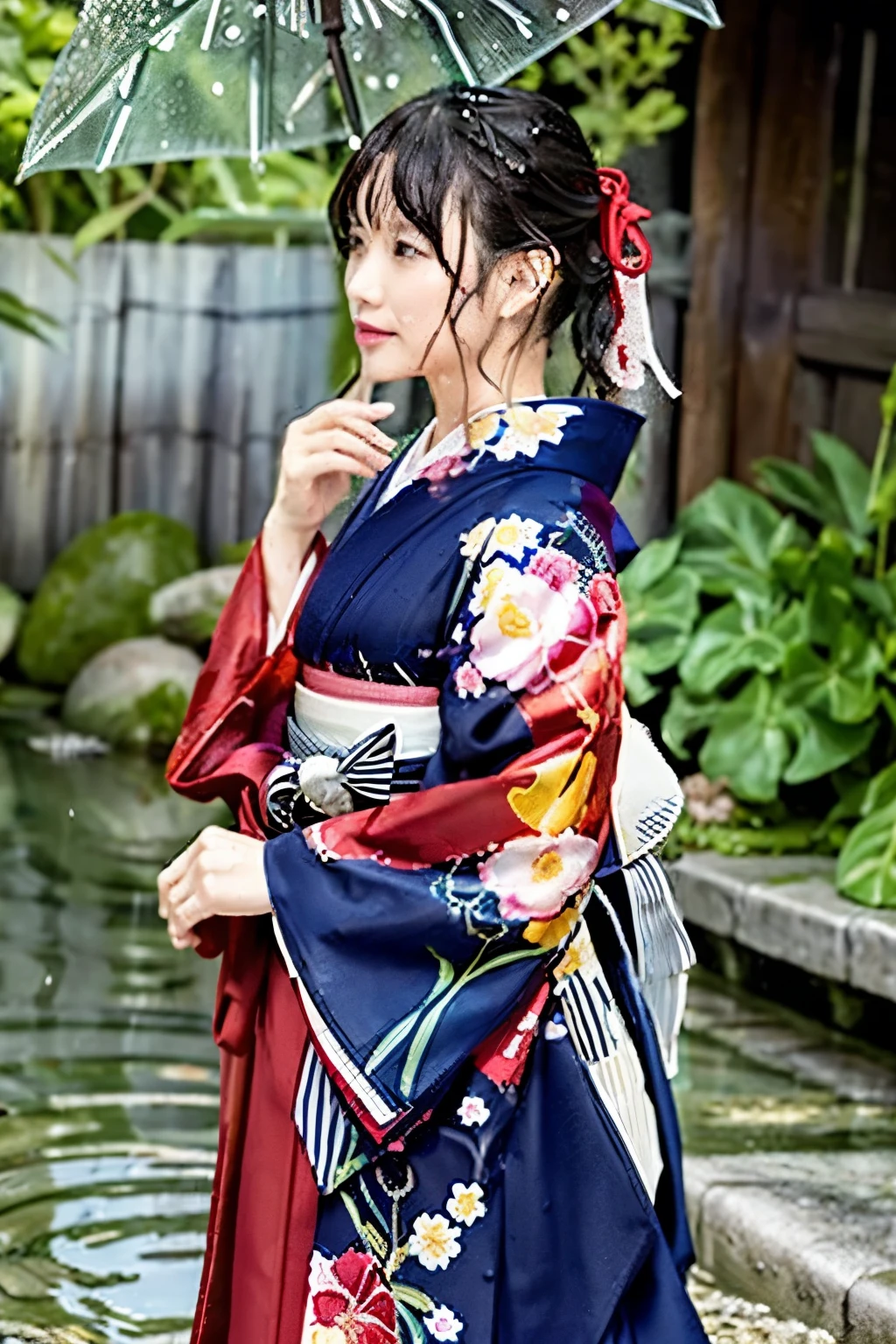 1 person、Real、Wet、Hakama、Japanese、kimono、Women、、Long-sleeved kimono、long hakama、soaking wet、Hakama、whole body、tabi、Hakama with wet texture、Water play Bathing、rain、river、Clothes that stick to the skin、floral kimono