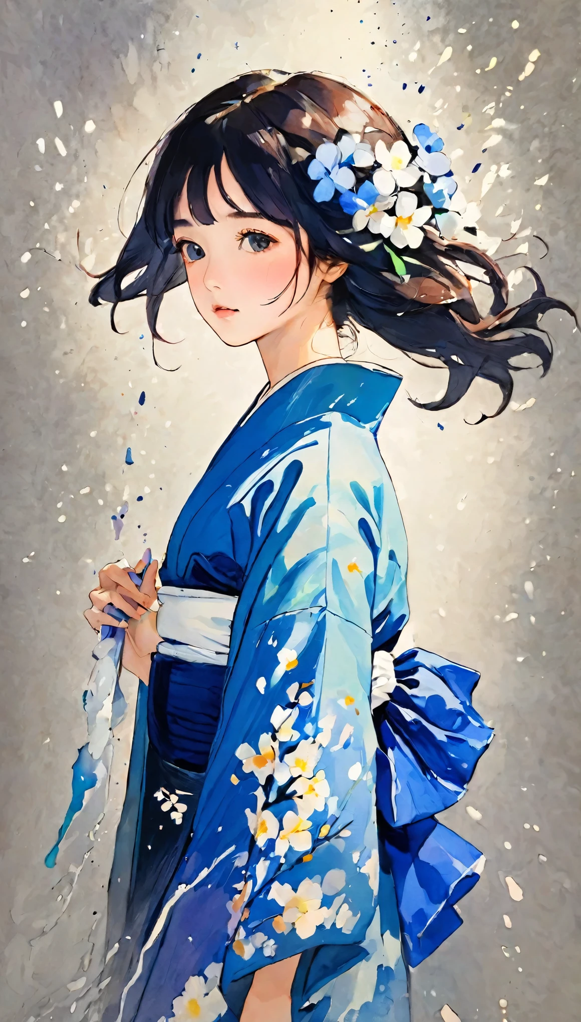 Splatter background and spray paint effect, Katsushika Hokusai, Tunic, Body above the knees, Multicolored Hair,Teary-eyed, dusk, watercolor, watercolor, watercolor風, watercolorの詳細なアート, watercolor digital painting, watercolor paints, 非常に精巧なwatercolor, watercolor,Japanese women,1, Long Hair,Black-haired、On a grey base、Blue petals fluttering:0.2