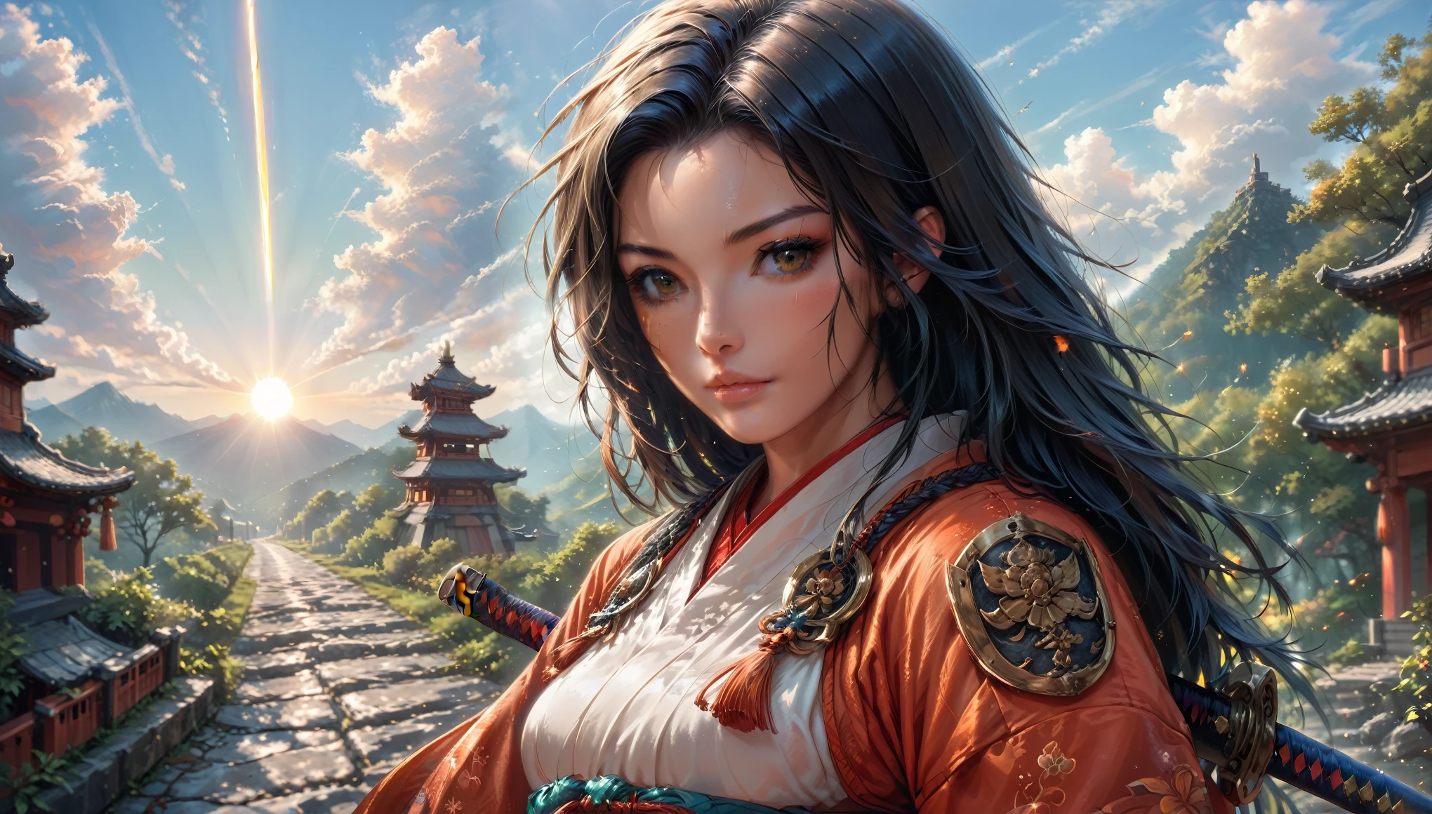 a picture of Japanese female samurai, she has long black hair, wearing samurai armor, armed with a katana, ready for battle, dynamic angle, the sun is setting down in the background, there is a Japanese fortress, Japanese fantasy art, (Masterpiece: 1.5), best quality, 16k, ultra detailed, masterpiece, best quality, (extremely detailed), dynamic angle, ultra wide shot, photorealistic, RAW, fantasy art, dnd art, fantasy art, katana