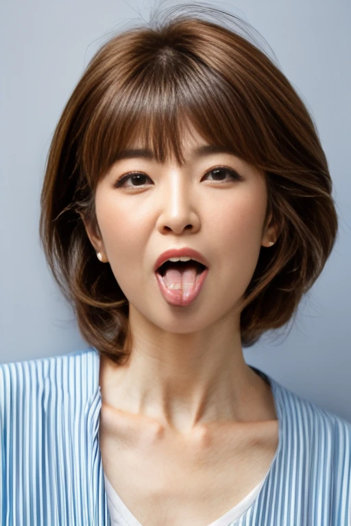 ((highest quality, 8k, masterpiece: 1.3)), 1 female, Japanese Mature,Sensual beauty: 1.3, (Hair style Brown hair Pixie wave, big: 1.2), Nightwear: 1.1, Super slender face, Delicate eyes, double eyelid, (((Open your mouth,Sticking out a long tongue,)))Mole,Home,Plump body,very thick legs,Shot from directly above,He is fooling around with his mouth wide open and his tongue sticking out...,