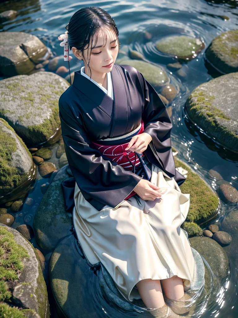 Realistic, long-sleeved kimono, hakama, long hakama, wet clothes, soaking wet clothes, wet and shiny clothes, clothes with a wet texture, clothes that stick to the body, immersing in a river, submerging in water, sleeping in a river, lying in a river, sinking in a river,