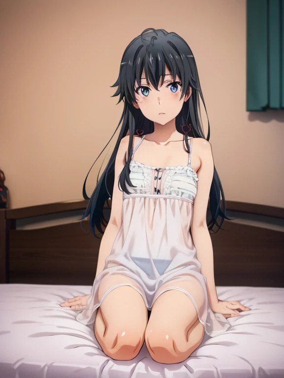 (best quality, masterpiece:1.2), (1girl, solo:1.2), cute, smile, (looking at viewer, solo focus:1.2), light on face, daidouji_tomoyo, black straight hair, black lace bra, collarbone, masterpiece:1.5, high quality, black lace panties, blush, highest quality, very detailed,1 girl, alone, wide-eyed, looking at the viewer, on bed, smile, blush, Sweat, cute, spread legs, ((lying, on back)), arms behind back, knees up, white background, camel toe, pussy juice, light on face, flat chest, slim leg, narrow waist