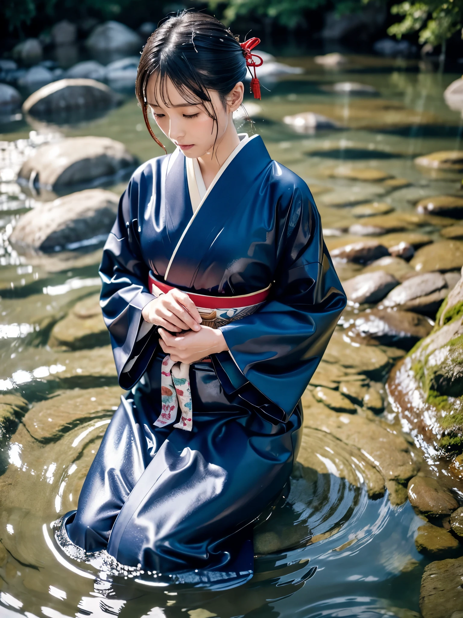 Realistic, long-sleeved kimono, hakama, long hakama, wet clothes, soaking wet clothes, wet and shiny clothes, clothes with a wet texture, clothes that stick to the body, immersing in a river, submerging in water, sleeping in a river, lying in a river, sinking in a river,