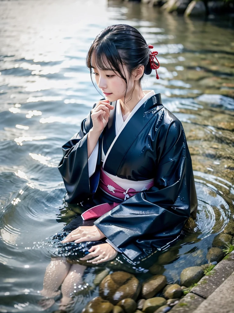 Realistic, long-sleeved kimono, hakama, long hakama, wet clothes, soaking wet clothes, wet and shiny clothes, clothes with a wet texture, clothes that stick to the body, immersing in a river, submerging in water, sleeping in a river, lying in a river, sinking in a river,