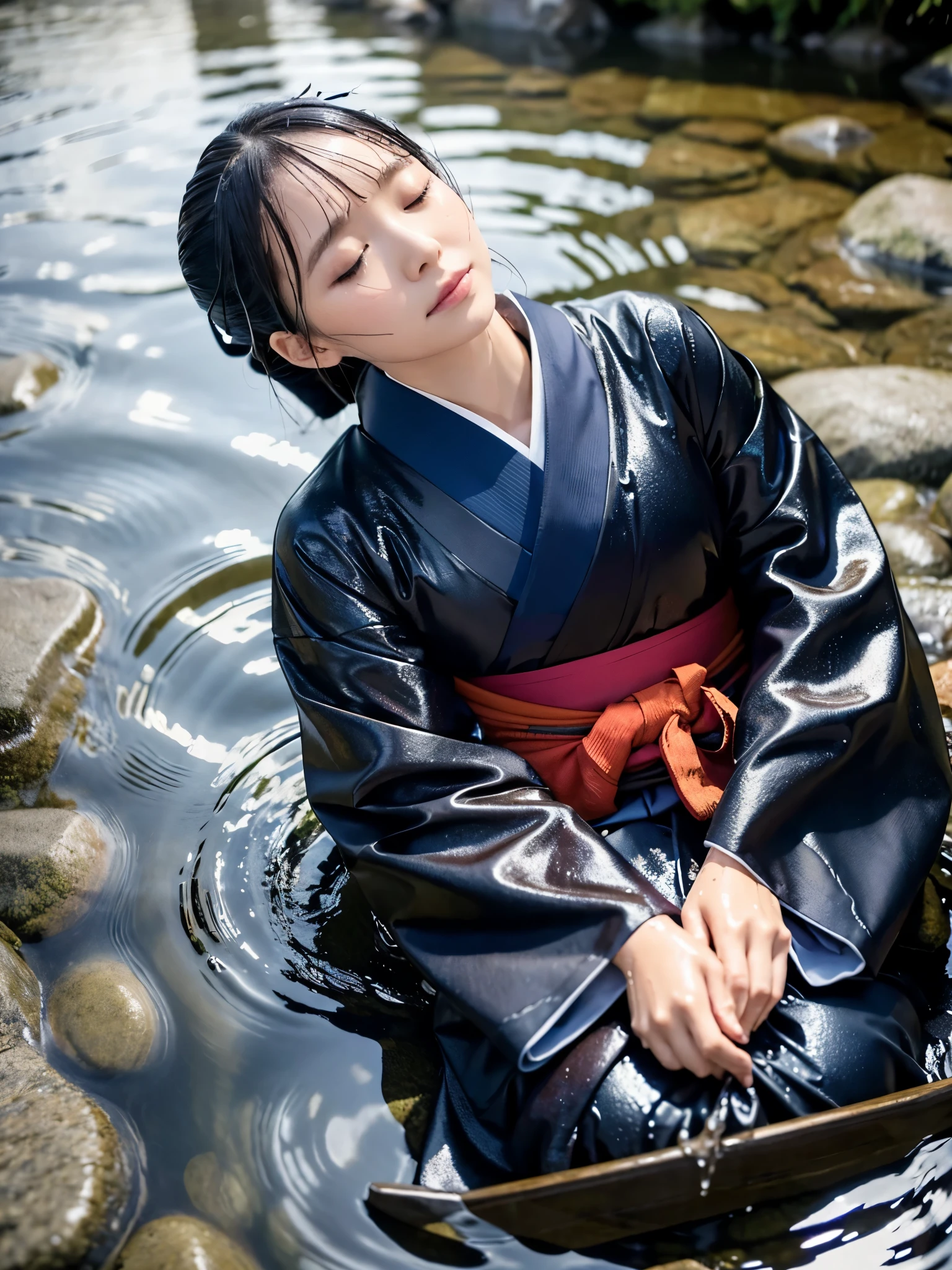 Realistic, long-sleeved kimono, hakama, long hakama, wet clothes, soaking wet clothes, wet and shiny clothes, clothes with a wet texture, clothes that stick to the body, immersing in a river, submerging in water, sleeping in a river, lying in a river, sinking in a river,