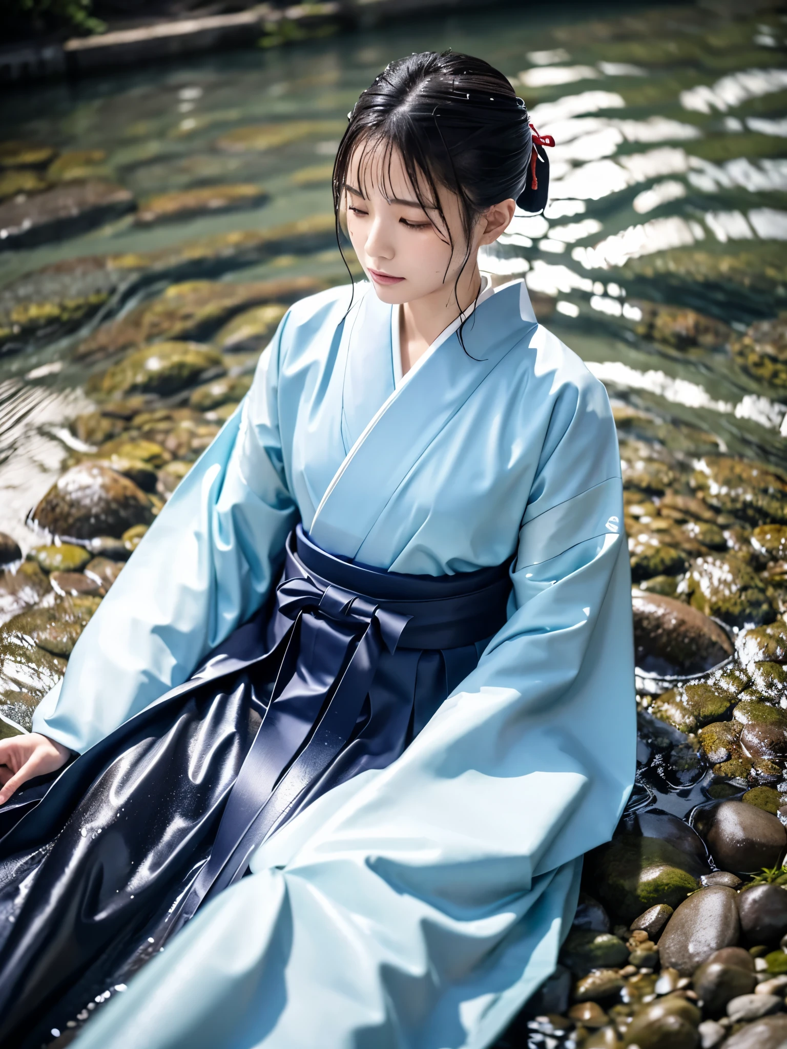 Realistic, long-sleeved kimono, hakama, long hakama, wet clothes, soaking wet clothes, wet and shiny clothes, clothes with a wet texture, clothes that stick to the body, immersing in a river, submerging in water, sleeping in a river, lying in a river, sinking in a river,