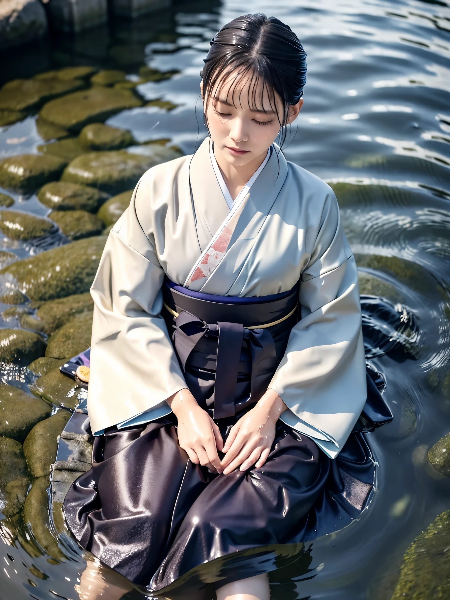 Realistic, long-sleeved kimono, hakama, long hakama, wet clothes, soaking wet clothes, wet and shiny clothes, clothes with a wet texture, clothes that stick to the body, immersing in a river, submerging in water, sleeping in a river, lying in a river, sinking in a river,