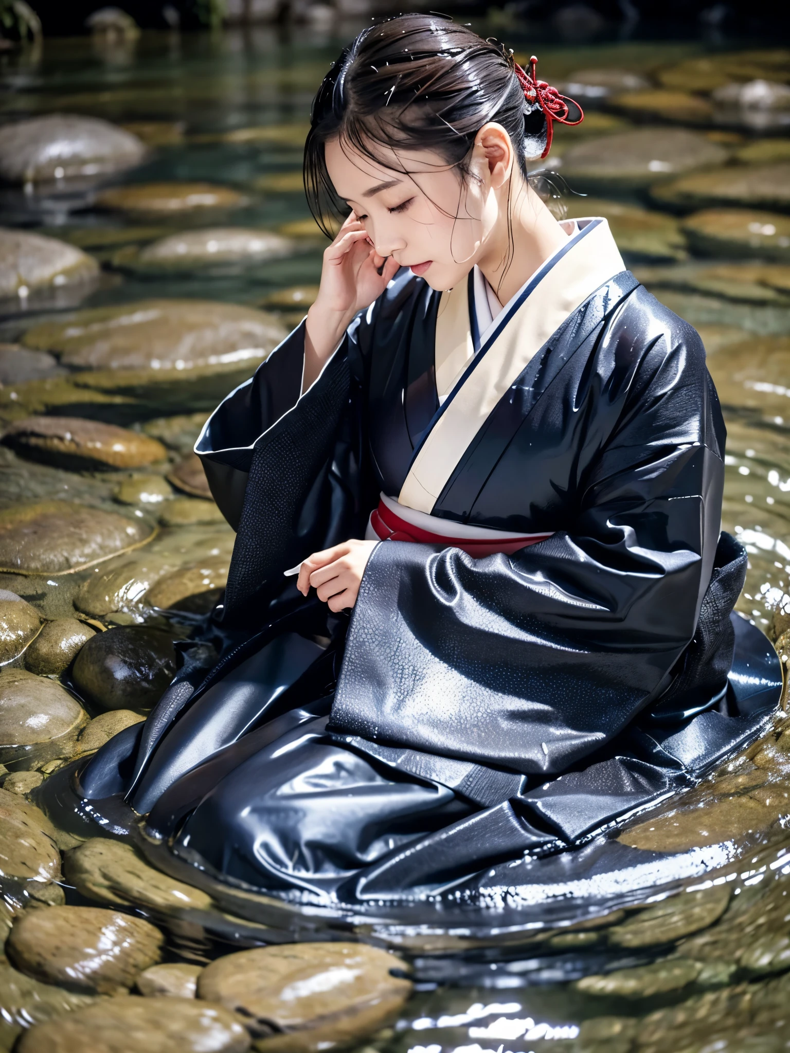 Realistic, long-sleeved kimono, hakama, long hakama, wet clothes, soaking wet clothes, wet and shiny clothes, clothes with a wet texture, clothes that stick to the body, immersing in a river, submerging in water, sleeping in a river, lying in a river, sinking in a river,