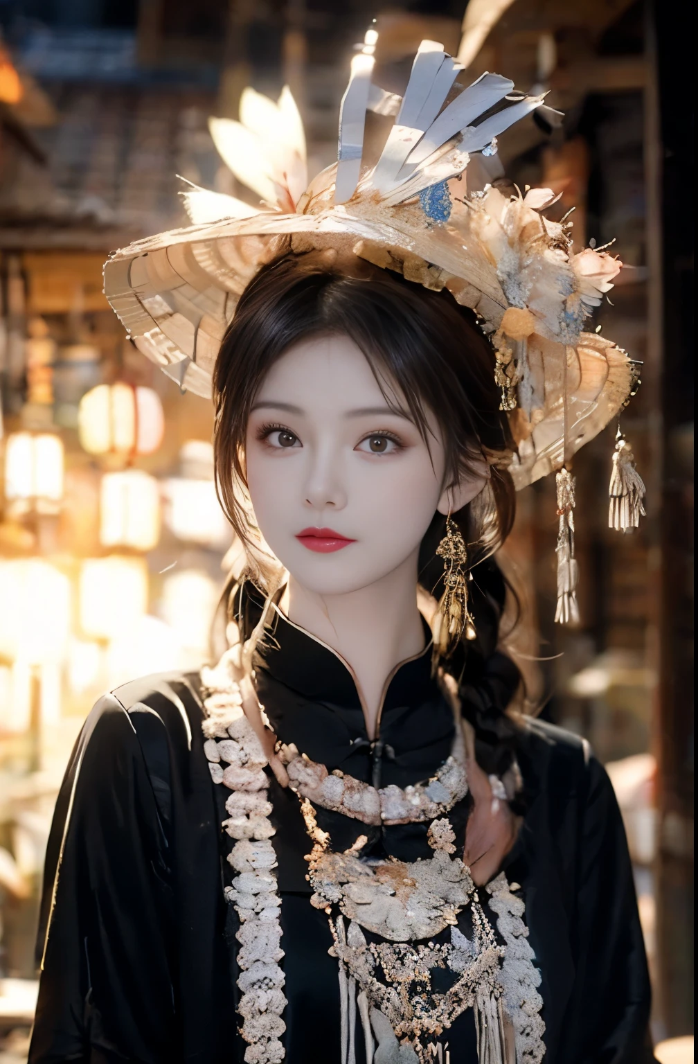 8K，Best quality，masterpiece：1.2），Ultra-high-definition details，Natural Light（（No lighting），Best quality，Ultra-high resolution，Stunning visuals，（1 girl：1.1），（Miao clothing、Headdress），Real human skin，（Perfect body 1.3）Super delicate face。(((Dark Photography，Dark，darkroom，LED complete graphic design))) National House，Grassland night scene