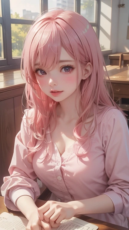 (masterpiece), best quality, expressive eyes, perfect face,beautiful illustration, best quality, cute girl, bedroom, pink hair, happy, miniskirt, white blouse, two side up, ((clothes open)), ((sexy Pose:1.5)), ((see-enough:1.1))